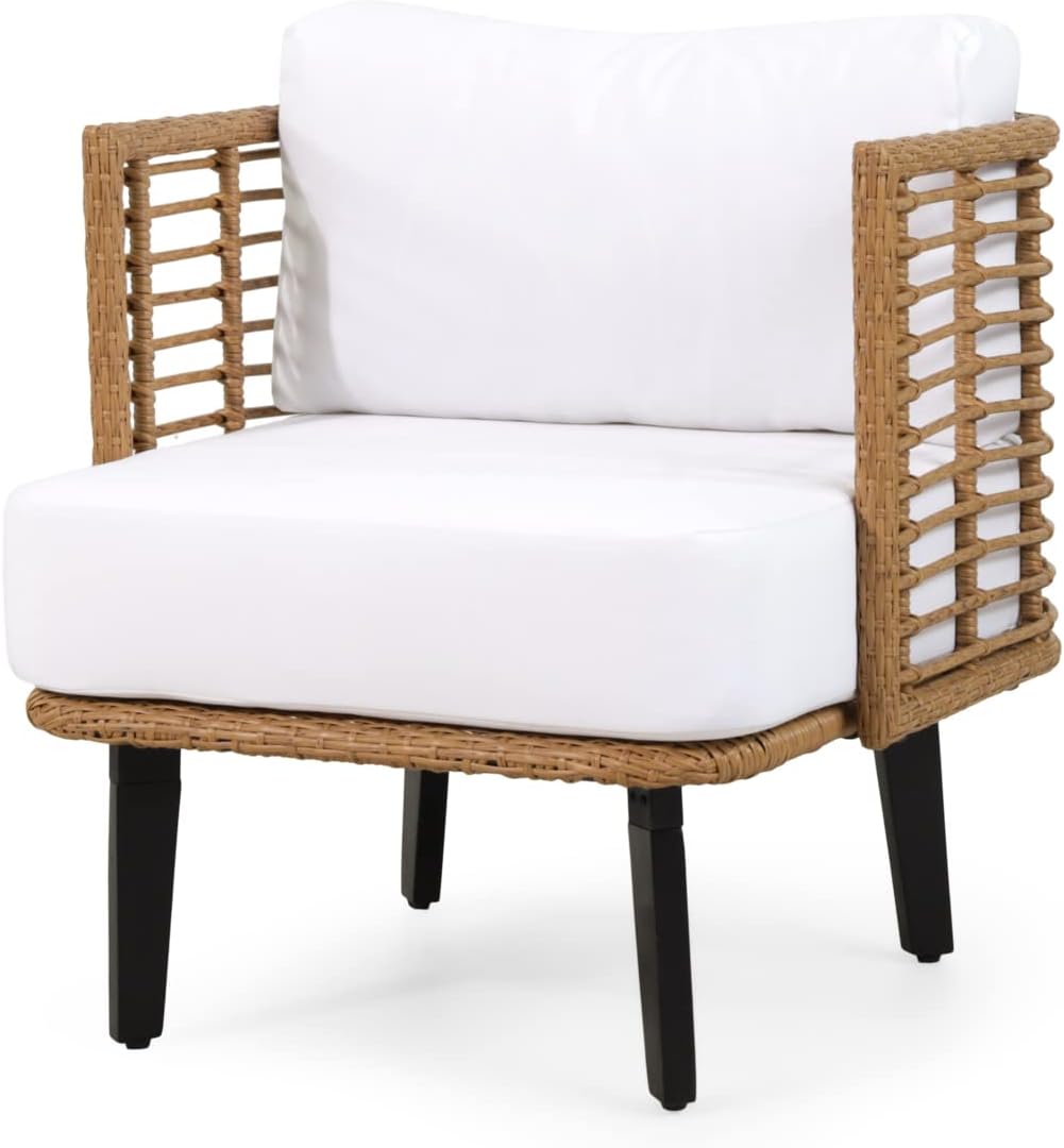 Nic Outdoor Club Chair with Water Resistant Cushion - Wicker - Light Brown/White