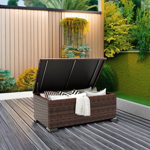 UDPATIO Outdoor Storage Table Patio Coffee Table All Weather Wicker Side Table with Waterproof Covers Rattan Furniture for Toys and Garden Tools