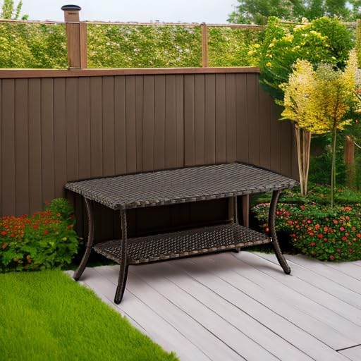 HUMMUH Wicker Patio Coffee Table,Rattan Outdoor Coffee Table with 2-Layer Storage Furniture Tables for Garden,Porch,Backyard