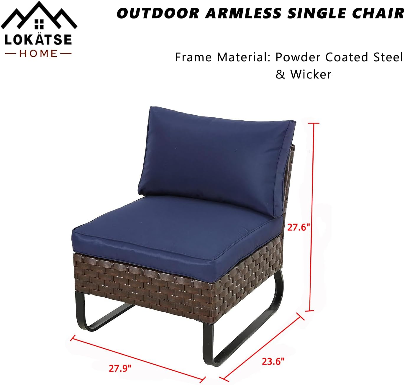 LOKATSE HOME Outdoor Rattan Furniture Patio Conversation Sofa Metal Frame Wicker Armless Single Chair with Cushion