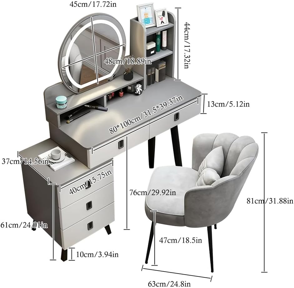 Dressing Table & Modern Minimalist Makeup Vanity Desk with LED Mirror - Solid Wood Storage Set w/Matching Chair,White,100cm/39.37in (Grey 100cm/39.37")