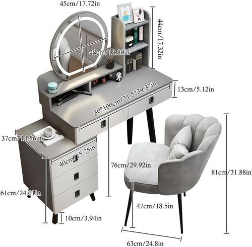 Dressing Table & Modern Minimalist Makeup Vanity Desk with LED Mirror - Solid Wood Storage Set w/Matching Chair,White,100cm/39.37in (Grey 100cm/39.37")
