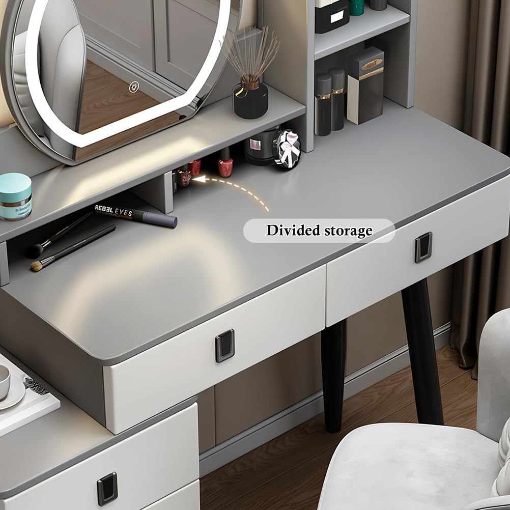 Dressing Table & Modern Minimalist Makeup Vanity Desk with LED Mirror - Solid Wood Storage Set w/Matching Chair,White,100cm/39.37in (Grey 100cm/39.37")