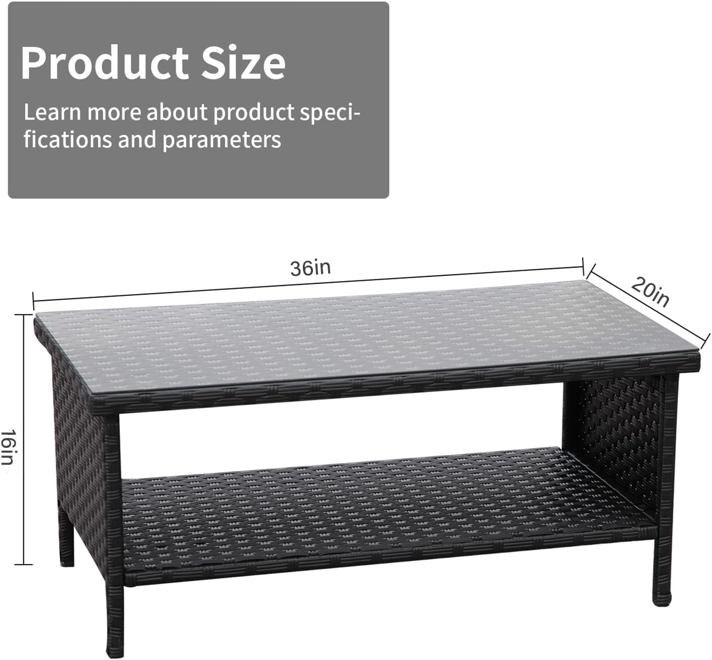 Outdoor Wicker Coffee Table Patio Furniture Garden Rattan 2-Layer Glass Table with Storage and Furniture Cover, Black