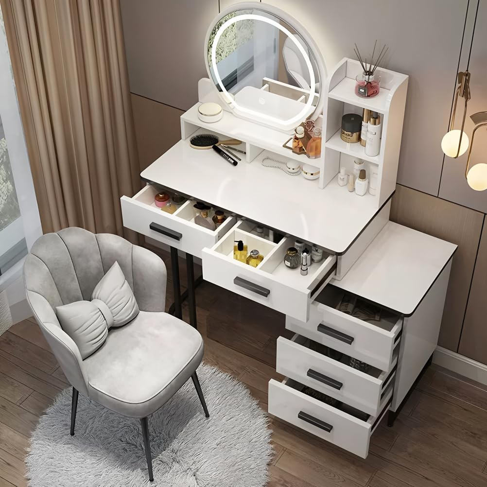 Dressing Table & Modern Minimalist Makeup Vanity Desk with LED Mirror - Solid Wood Storage Set w/Matching Chair,White,100cm/39.37in (Grey 100cm/39.37")