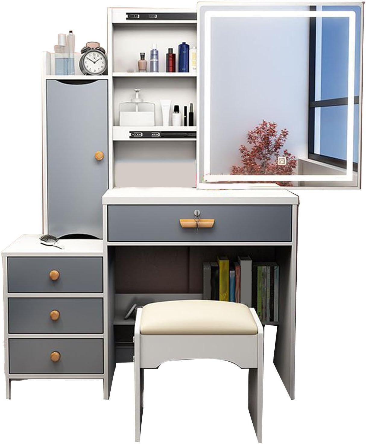 Modern Minimalist Dressing Table Vanity Desk with LED Light Mirror Stool for Bedroom (Right Cabinet)