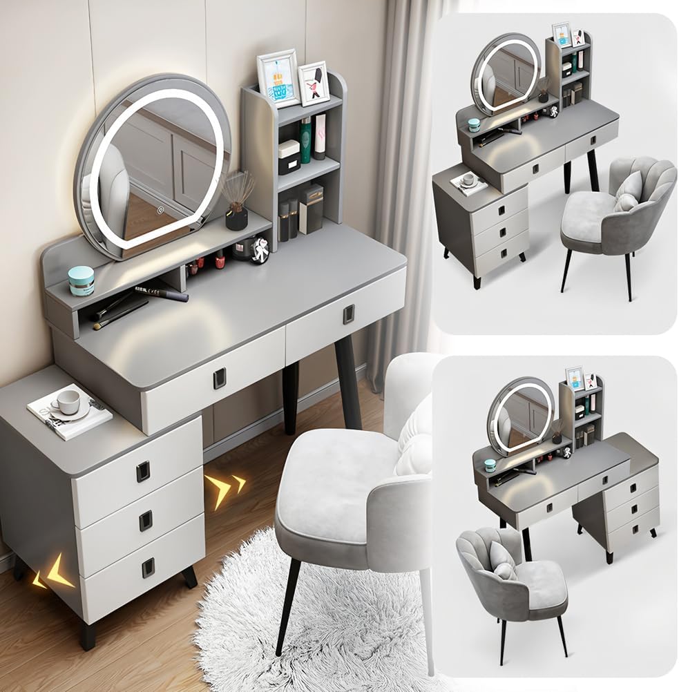 Dressing Table & Modern Minimalist Makeup Vanity Desk with LED Mirror - Solid Wood Storage Set w/Matching Chair,White,100cm/39.37in (Grey 100cm/39.37")