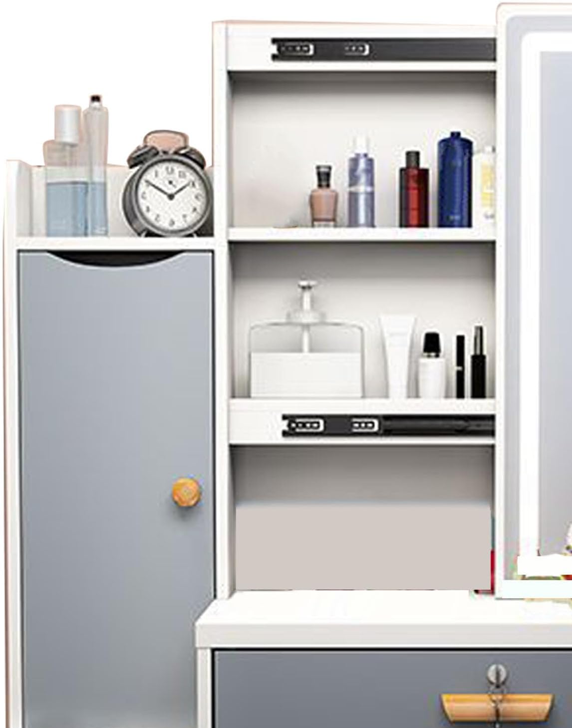 Modern Minimalist Dressing Table Vanity Desk with LED Light Mirror Stool for Bedroom (Right Cabinet)