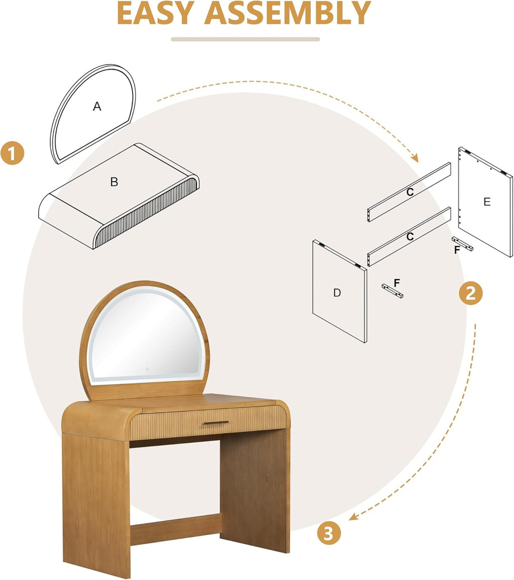 Virubi 39" Minimalist Makeup Vanity Table with Semicircle Mirror, Wood Modern Dressing Table with Touch Screen Lighted Mirror & Storage Drawer & Curved Edges for Bedroom (Natural)