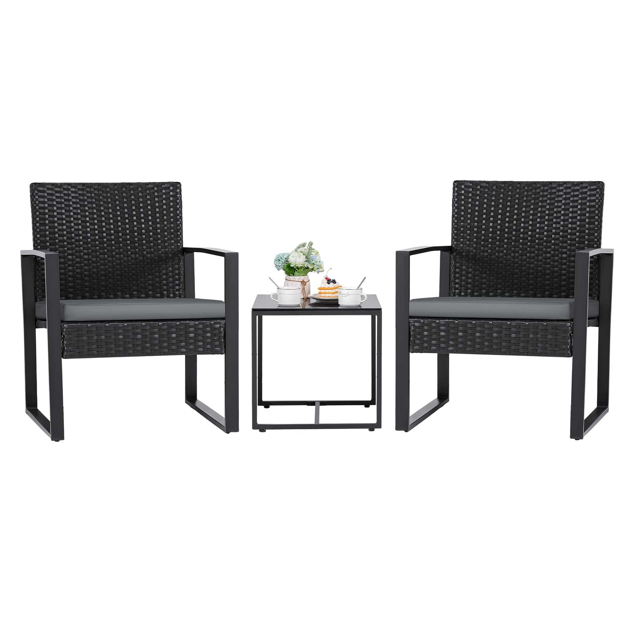 Flamaker 3 Pieces Outdoor Patio Wicker Furniture Set, Modern Rattan Chair Conversation Sets with Coffee Table for Yard and Bistro (Black)