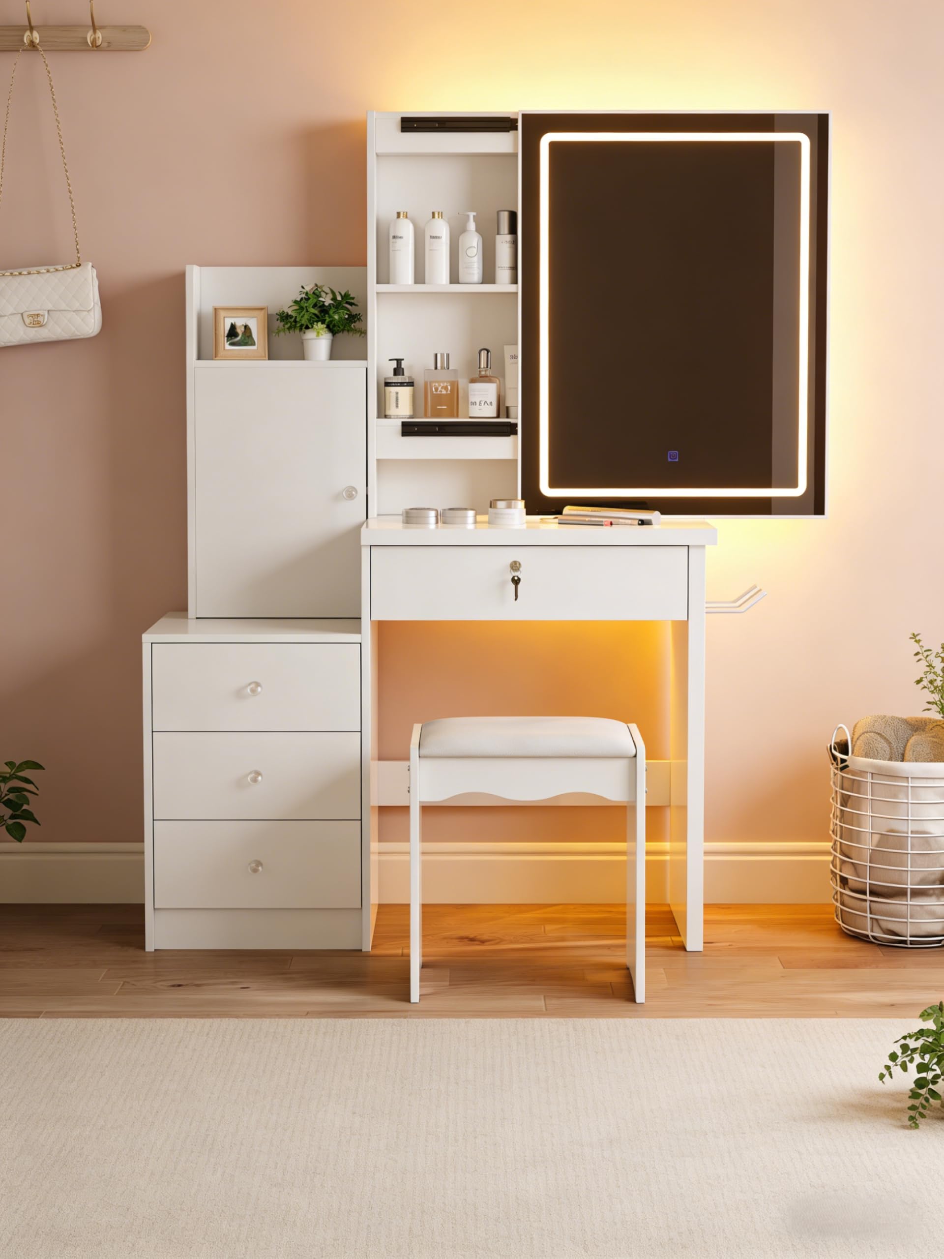39" Modern Makeup Vanity Desk with Tempered Glass Top & LED Round Mirror, Adjustable Black and White Dressing Table with Reversible 3-Drawer Cabinet, Extendable Vanity Set for Small Bedroom