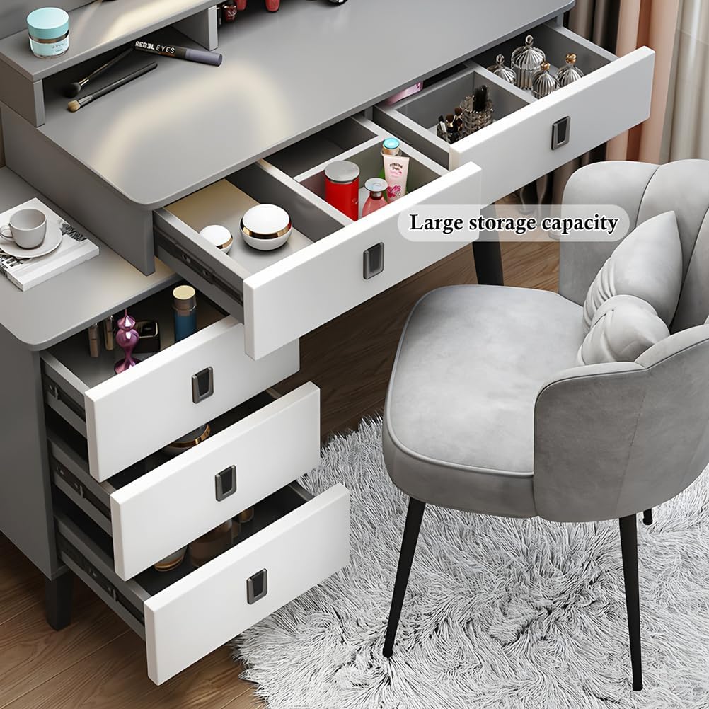 Dressing Table & Modern Minimalist Makeup Vanity Desk with LED Mirror - Solid Wood Storage Set w/Matching Chair,White,100cm/39.37in (Grey 100cm/39.37")
