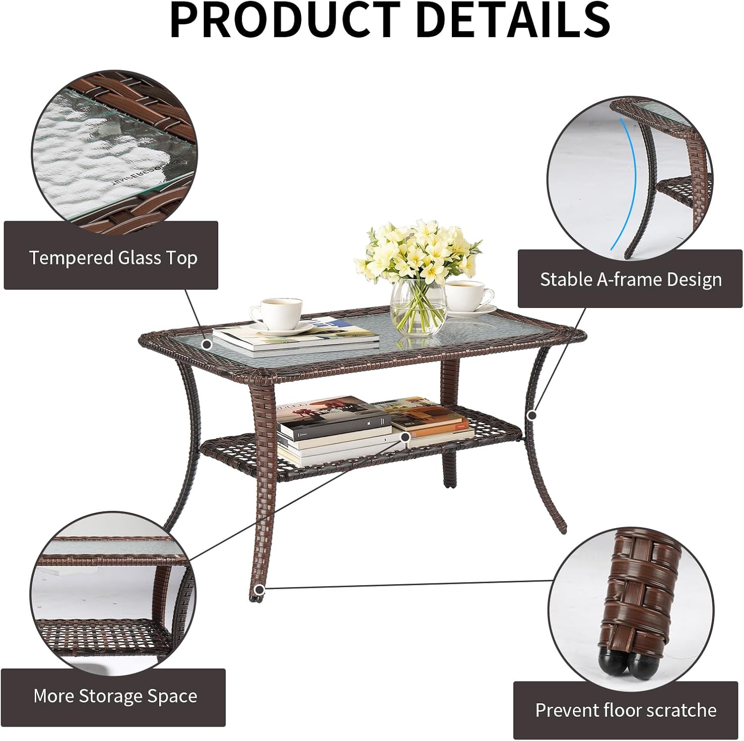 VINGLI Outdoor Coffee Table with Storage Wicker Patio Coffee Table, Tempered Glass Top Coffee Table for Patio Outside Balcony Porch Deck (Brown)