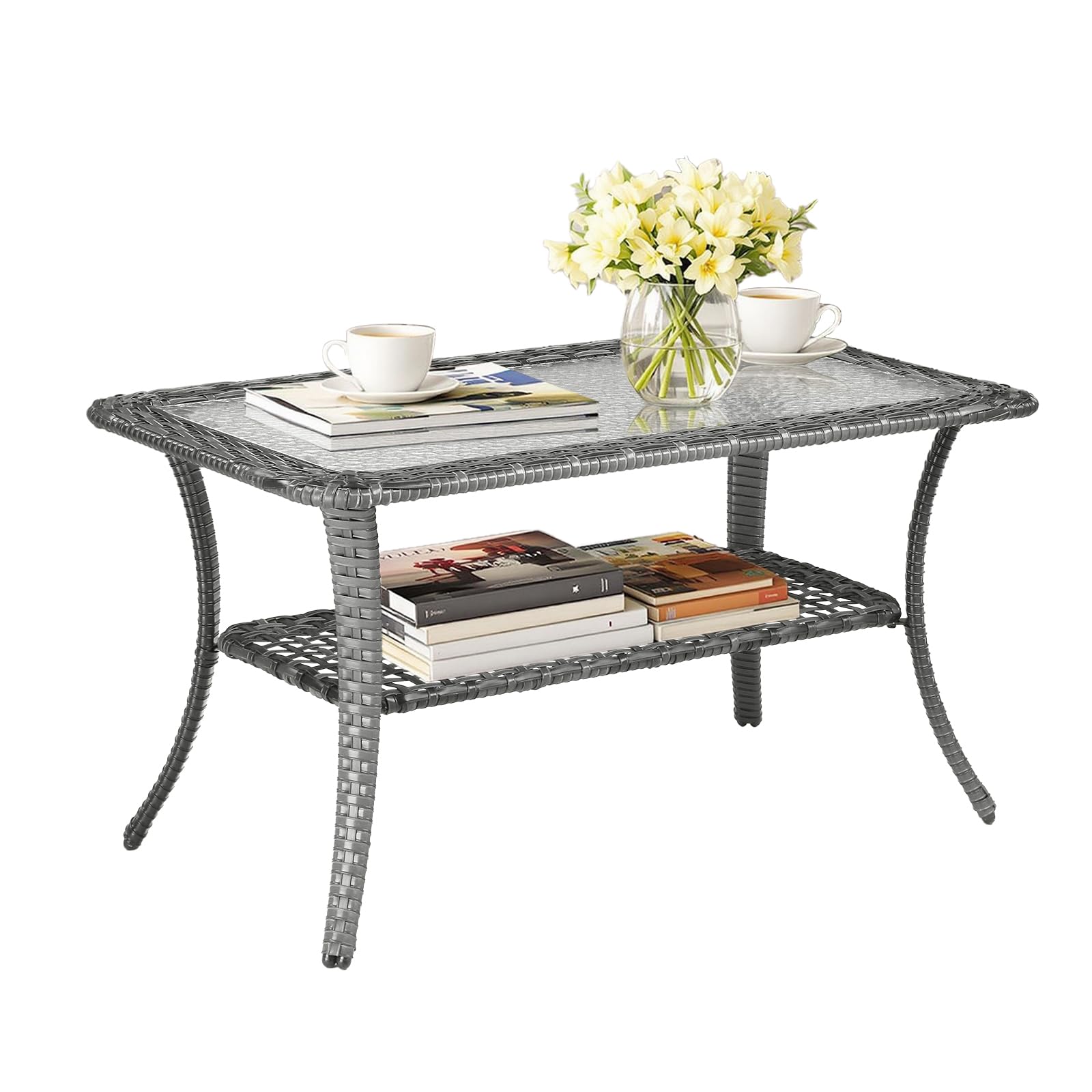 VINGLI Outdoor Coffee Table with Storage Wicker Patio Coffee Table, Tempered Glass Top Coffee Table for Patio Outside Balcony Porch Deck (Brown)