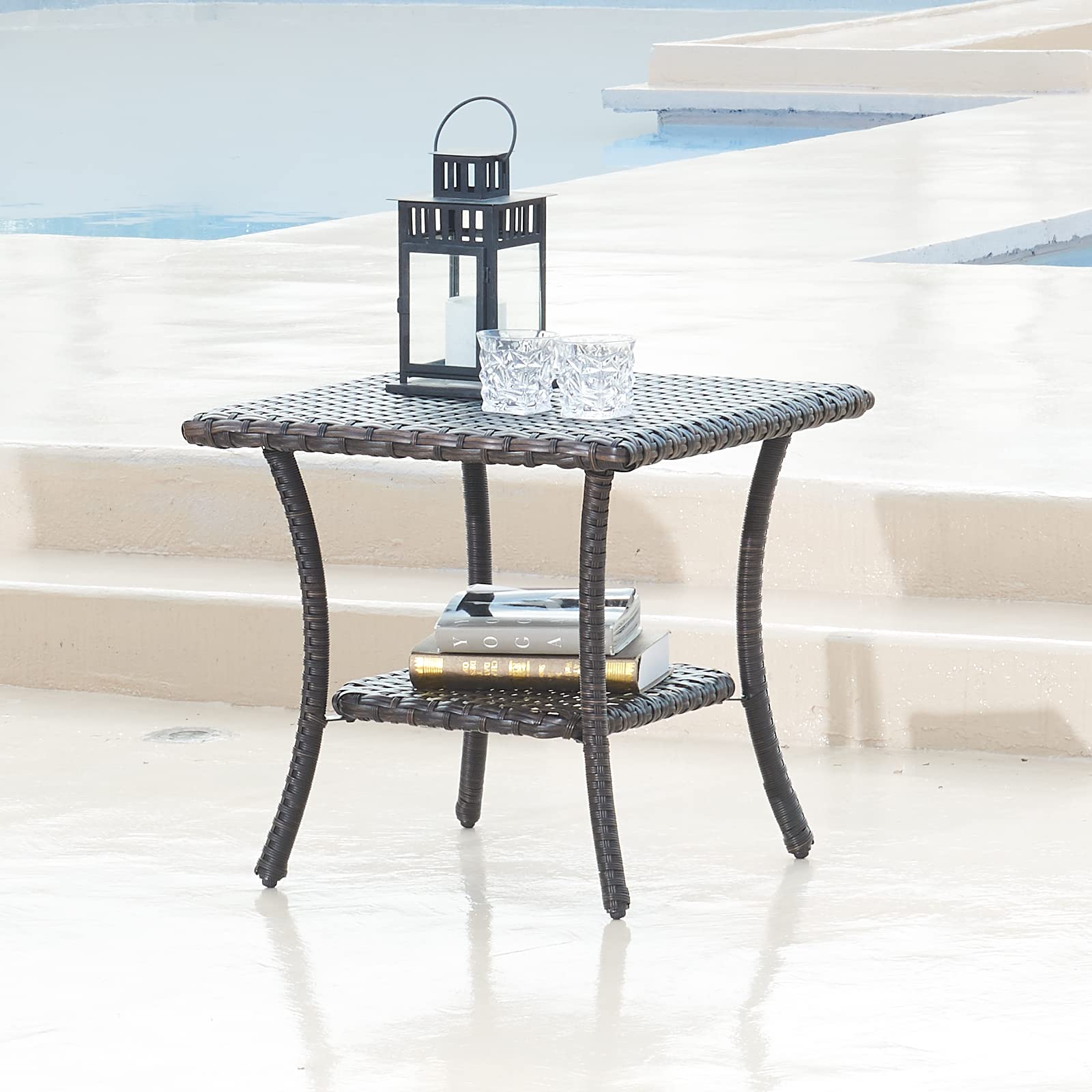 HUMMUH Wicker Patio Coffee Table,Rattan Outdoor Coffee Table with 2-Layer Storage Furniture Tables for Garden,Porch,Backyard