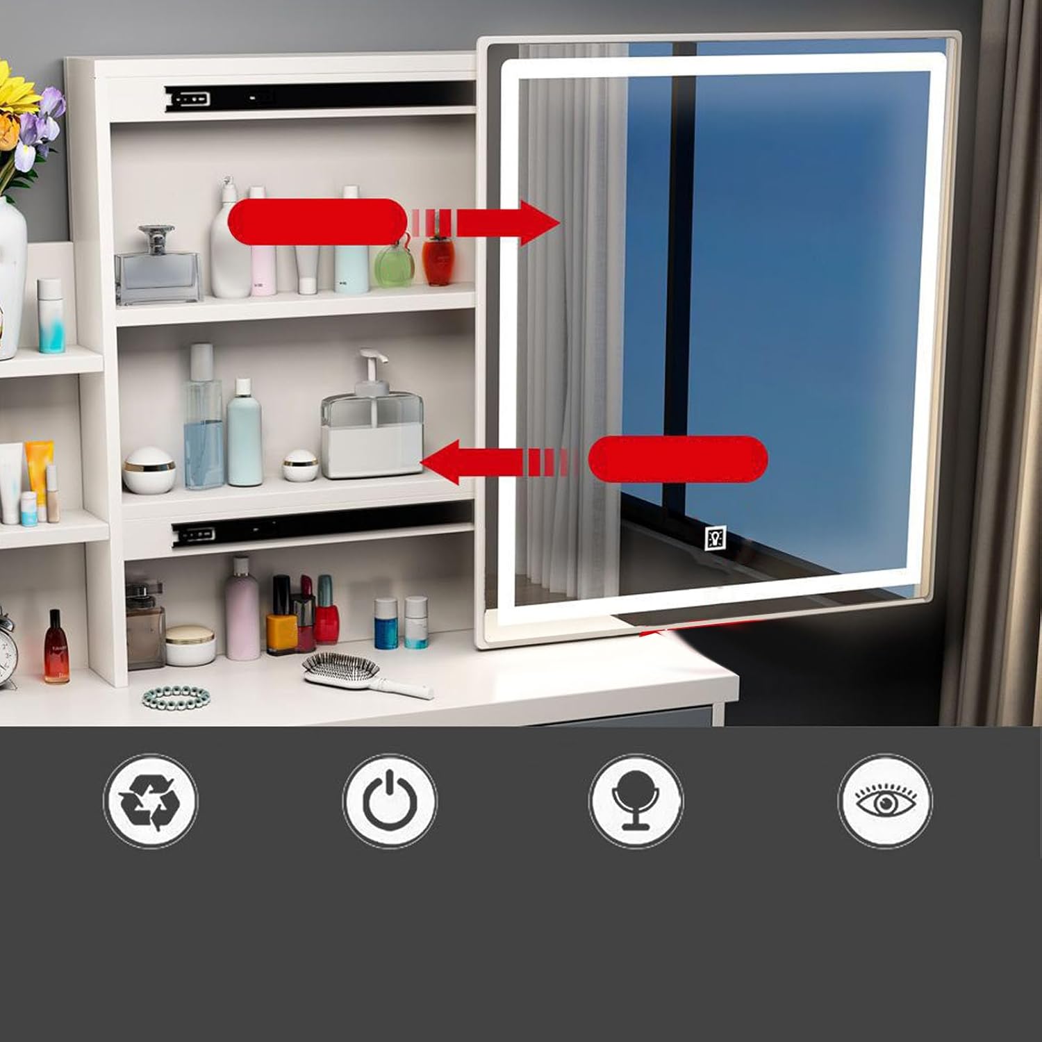 Modern Minimalist Dressing Table Vanity Desk with LED Light Mirror Stool for Bedroom (Right Cabinet)