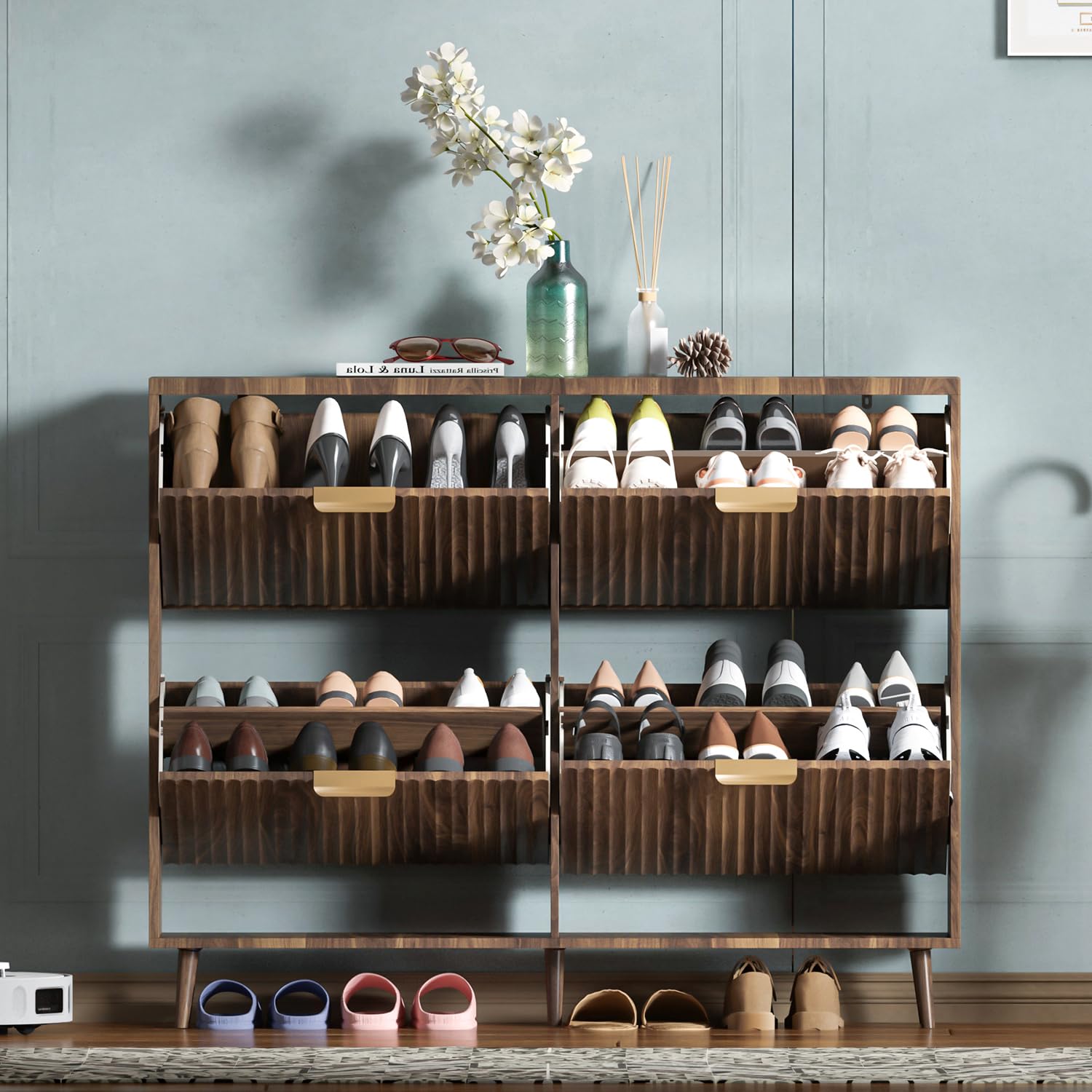 Shoe Cabinet Storage, Modern Freestanding Organizer with 2 Flip Drawers, Narrow Shoe Rack for Entryway, Walnut