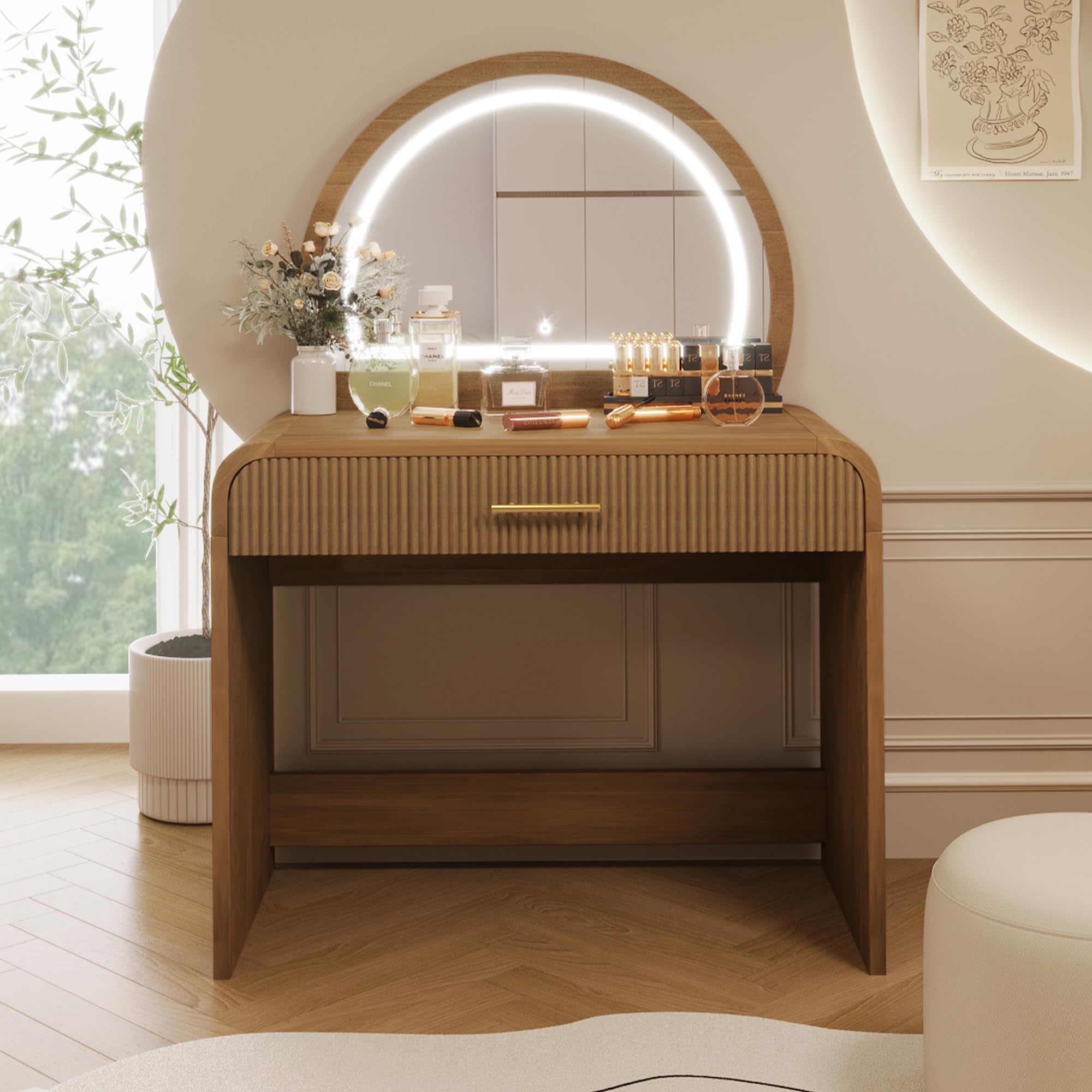 Virubi 39" Minimalist Makeup Vanity Table with Semicircle Mirror, Wood Modern Dressing Table with Touch Screen Lighted Mirror & Storage Drawer & Curved Edges for Bedroom (Natural)