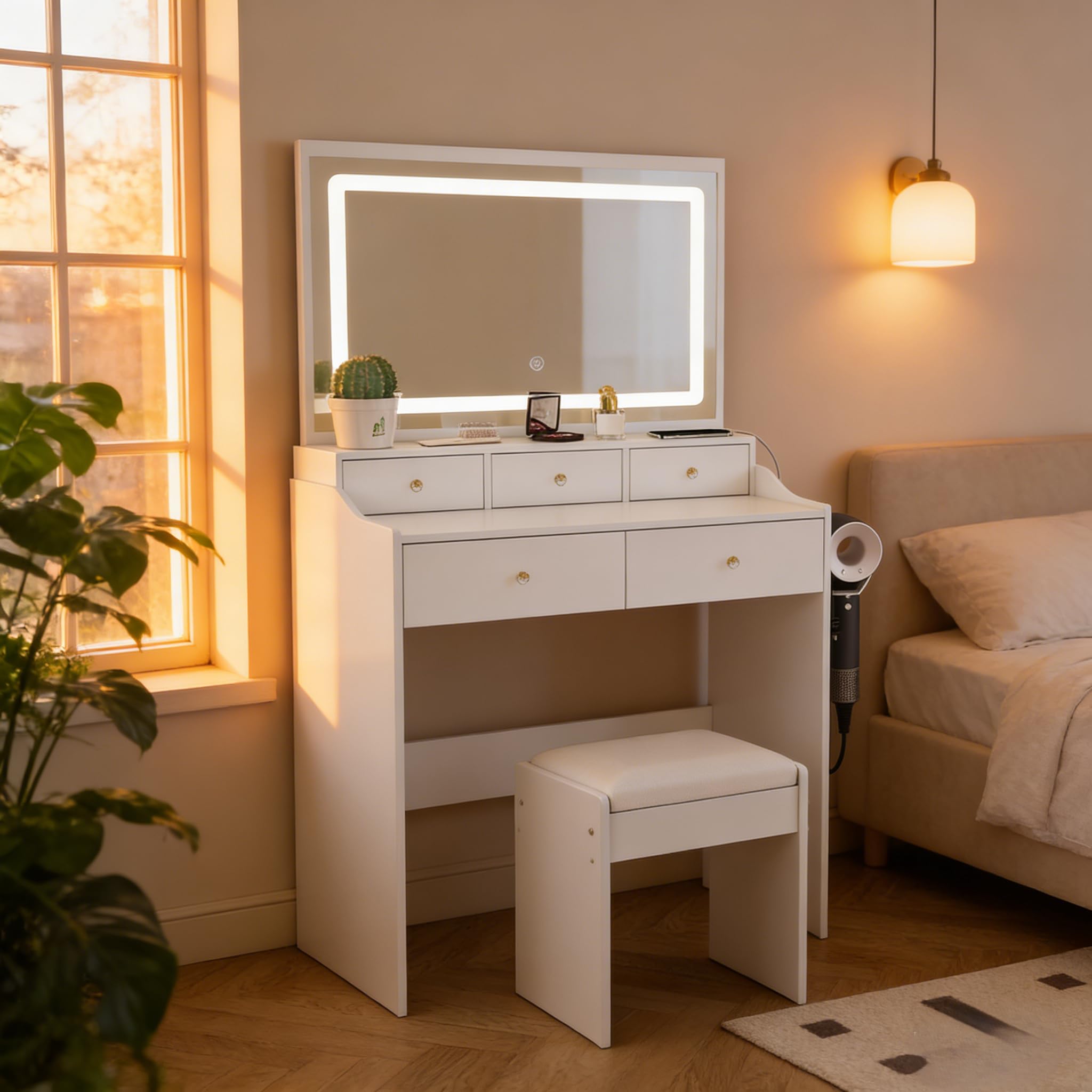 39" Modern Makeup Vanity Desk with Tempered Glass Top & LED Round Mirror, Adjustable Black and White Dressing Table with Reversible 3-Drawer Cabinet, Extendable Vanity Set for Small Bedroom
