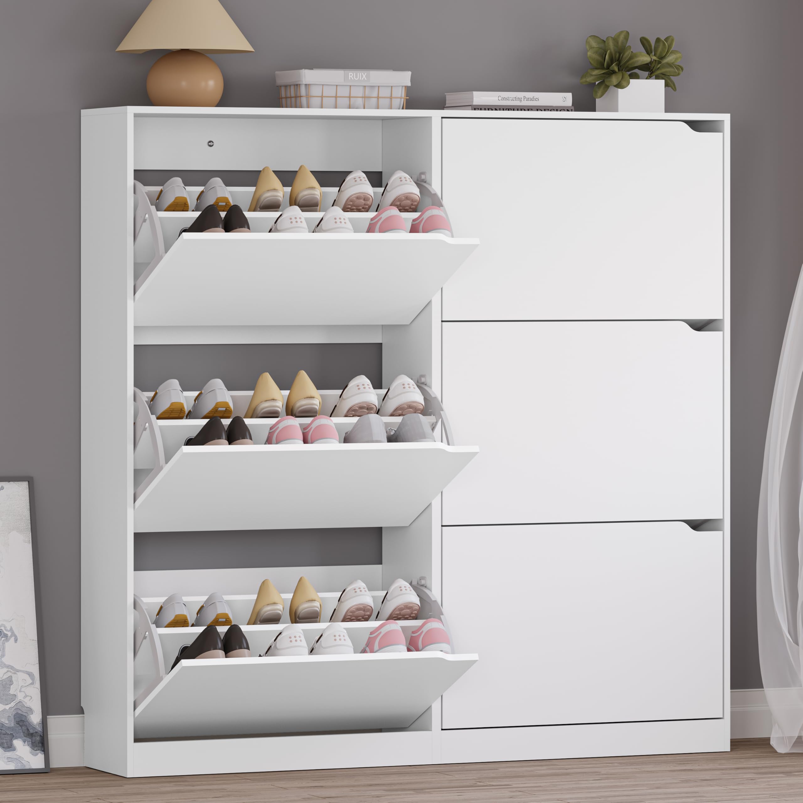 BORNOON Shoe Cabinet with 3 Flip Drawers, Hidden Wood Shoe Cabinet,Freestanding Shoe Storage Cabinet for Entryway Hallway.White. 47.2" H*31.5" W*9.45" D.