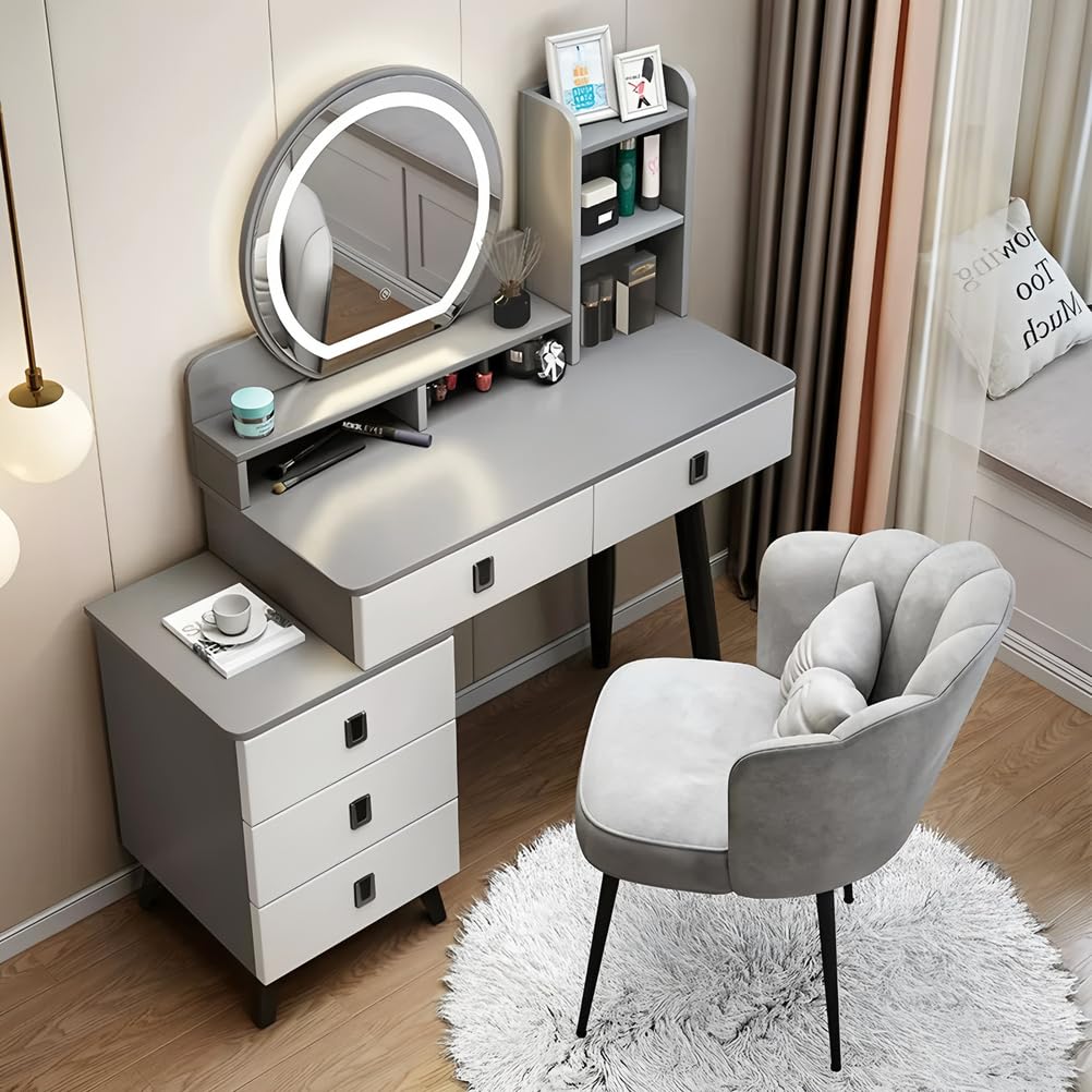 Dressing Table & Modern Minimalist Makeup Vanity Desk with LED Mirror - Solid Wood Storage Set w/Matching Chair,White,100cm/39.37in (Grey 100cm/39.37")