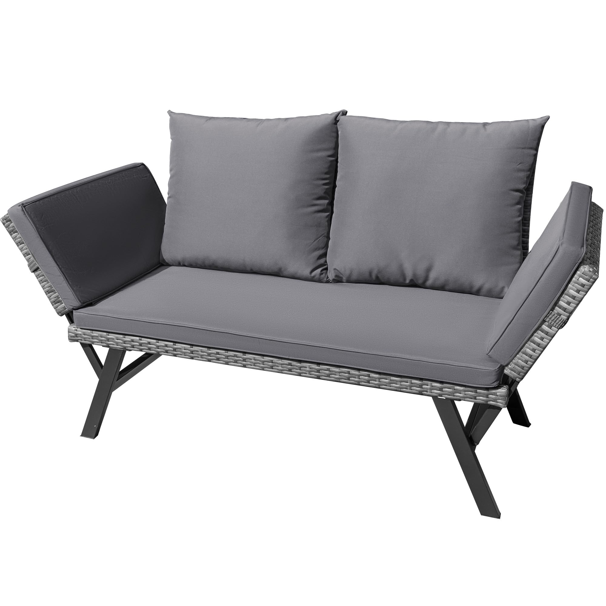 Greesum Outdoor Sofa, Woven Rattan Patio Furniture, Convertible Daybed or Double Chair with Adjustable Armrests, Cushions and Pillows for Yard, Porch, Pool, Brown Lounger & Beige Pillowcase