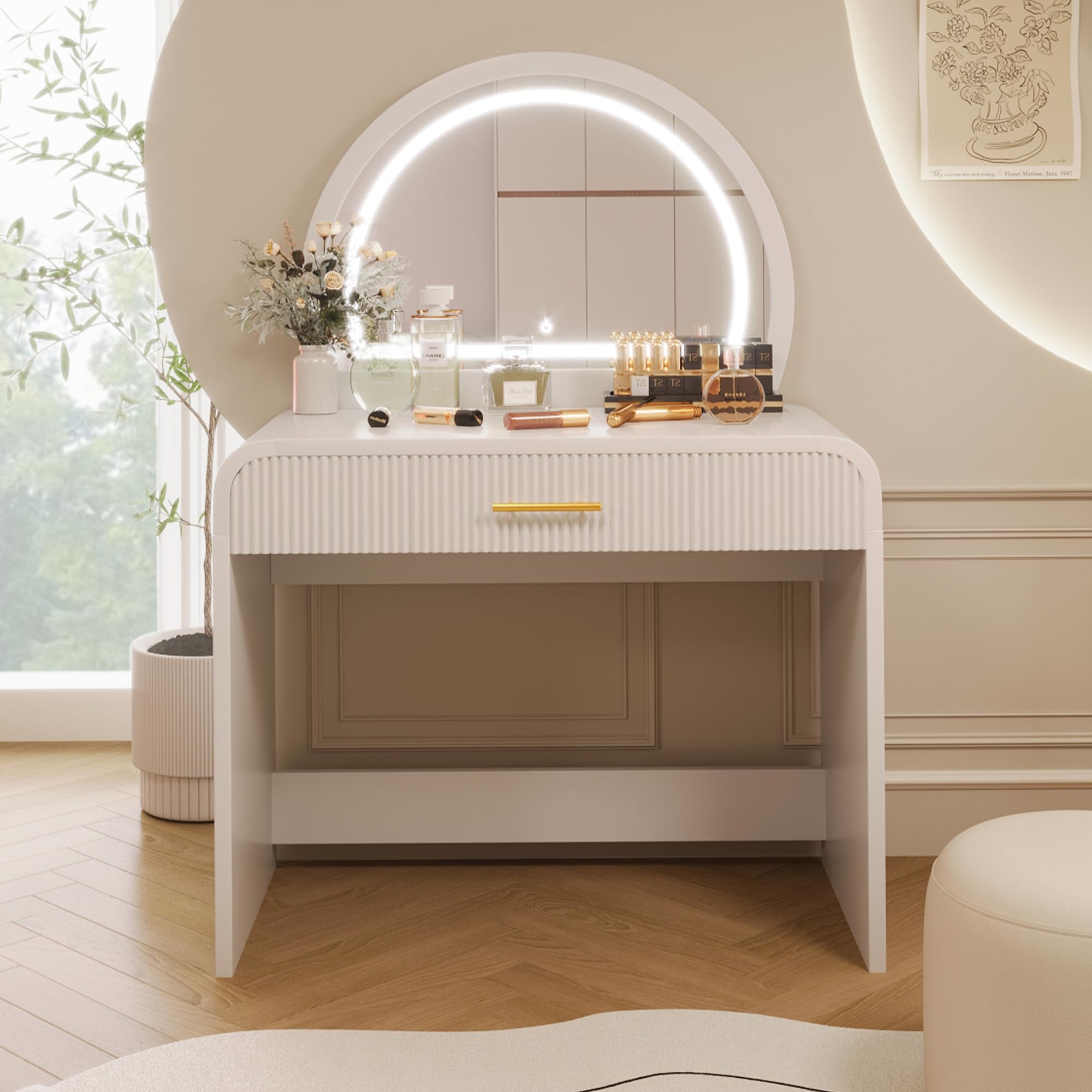 Virubi 39" Minimalist Makeup Vanity Table with Semicircle Mirror, Wood Modern Dressing Table with Touch Screen Lighted Mirror & Storage Drawer & Curved Edges for Bedroom (Natural)