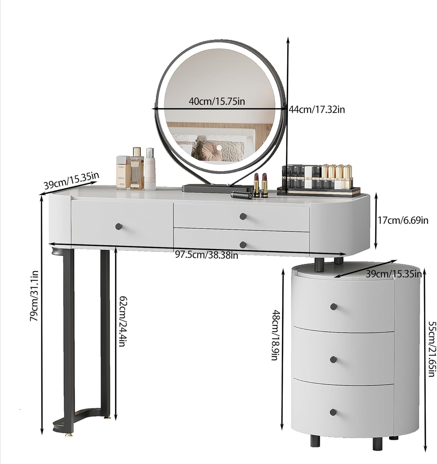 Modern Minimalist Dressing Table with Detachable Mirror and Rotatable Side Cabinet Makeup Table, Easy Assembly Vanity