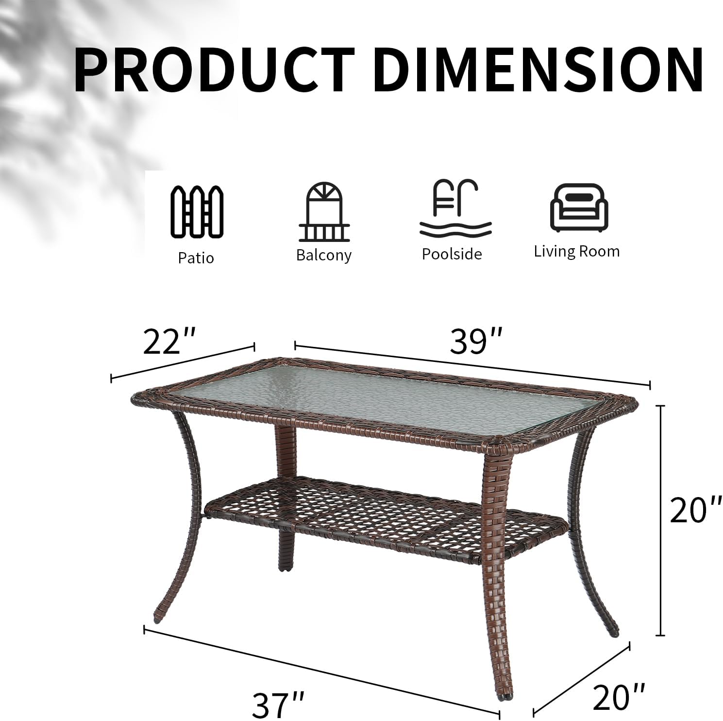 VINGLI Outdoor Coffee Table with Storage Wicker Patio Coffee Table, Tempered Glass Top Coffee Table for Patio Outside Balcony Porch Deck (Brown)