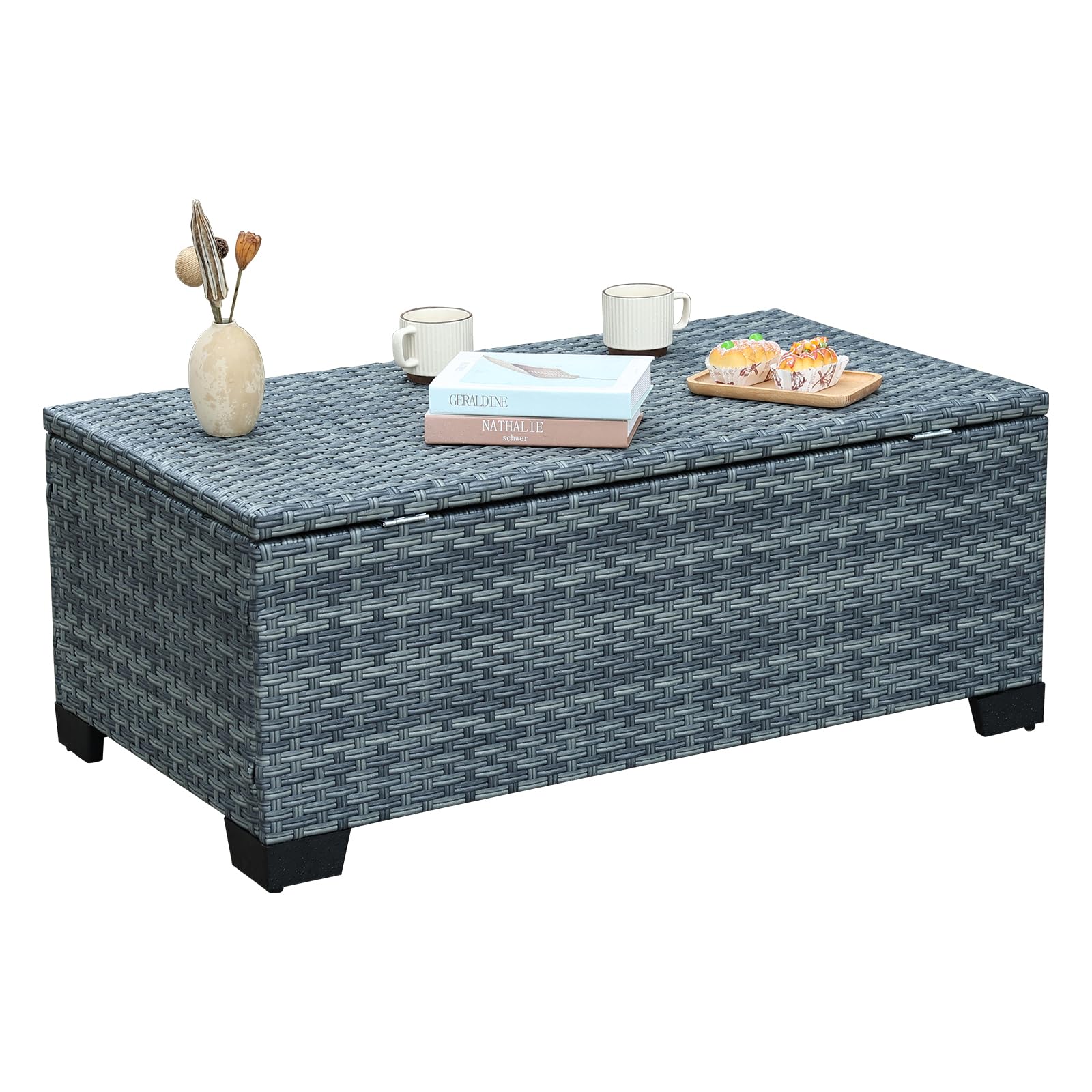 Rattaner Patio Coffee Table with Storage Wicker Outdoor Coffee Table and All-Weather Wicker Side Table with Waterproof Cover, Black