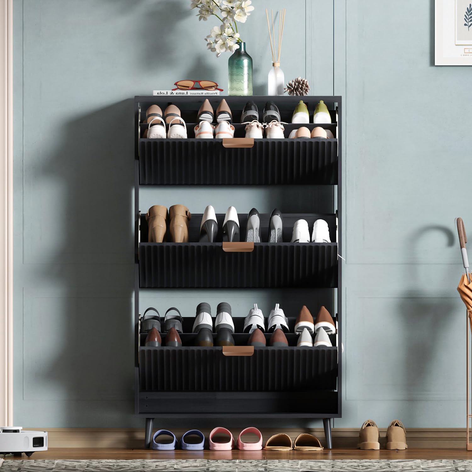 Shoe Cabinet Storage, Modern Freestanding Organizer with 2 Flip Drawers, Narrow Shoe Rack for Entryway, Walnut