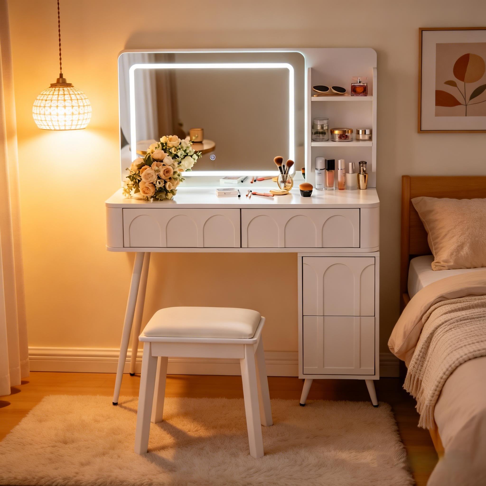 39" Modern Makeup Vanity Desk with Tempered Glass Top & LED Round Mirror, Adjustable Black and White Dressing Table with Reversible 3-Drawer Cabinet, Extendable Vanity Set for Small Bedroom