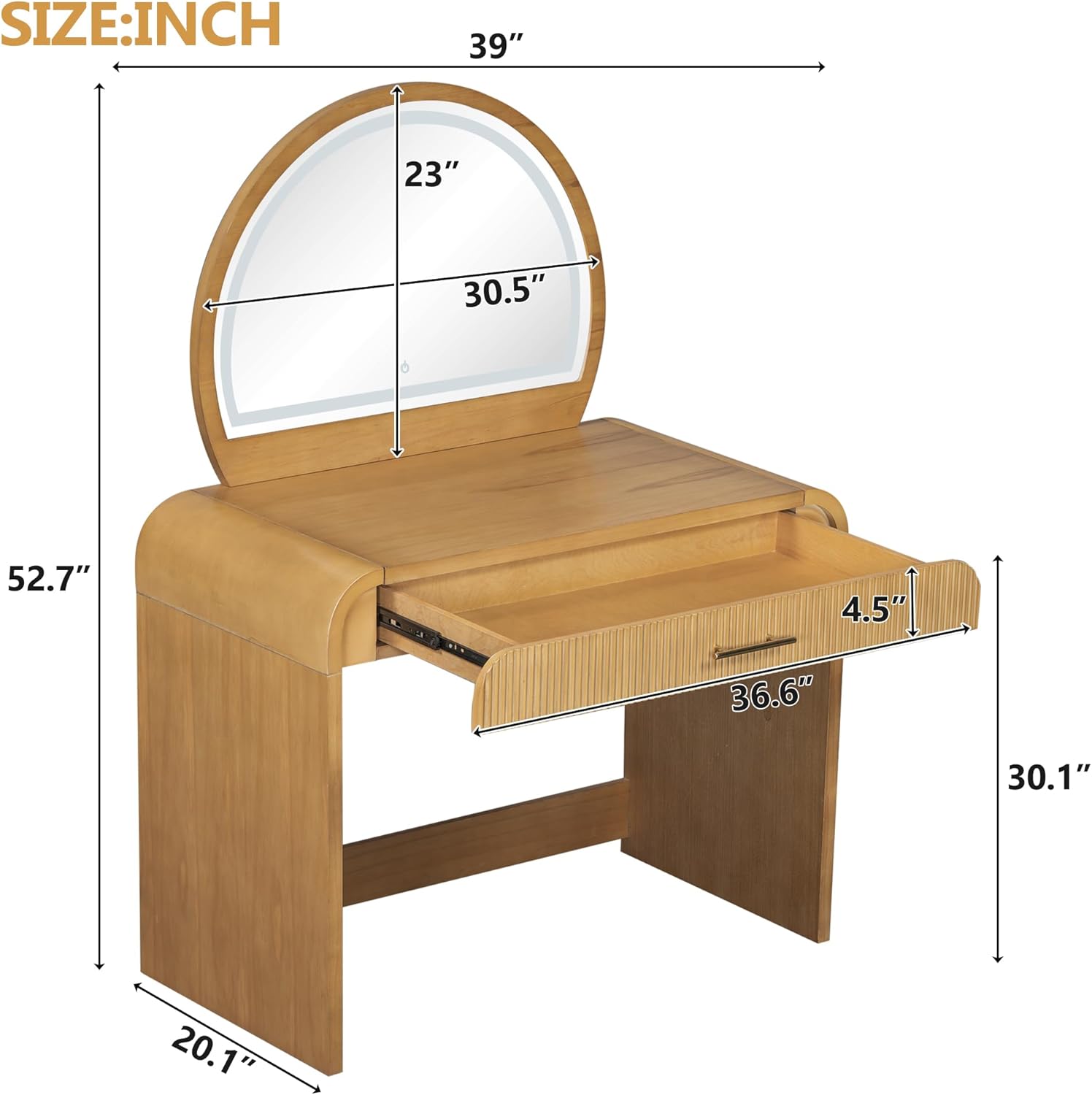 Virubi 39" Minimalist Makeup Vanity Table with Semicircle Mirror, Wood Modern Dressing Table with Touch Screen Lighted Mirror & Storage Drawer & Curved Edges for Bedroom (Natural)