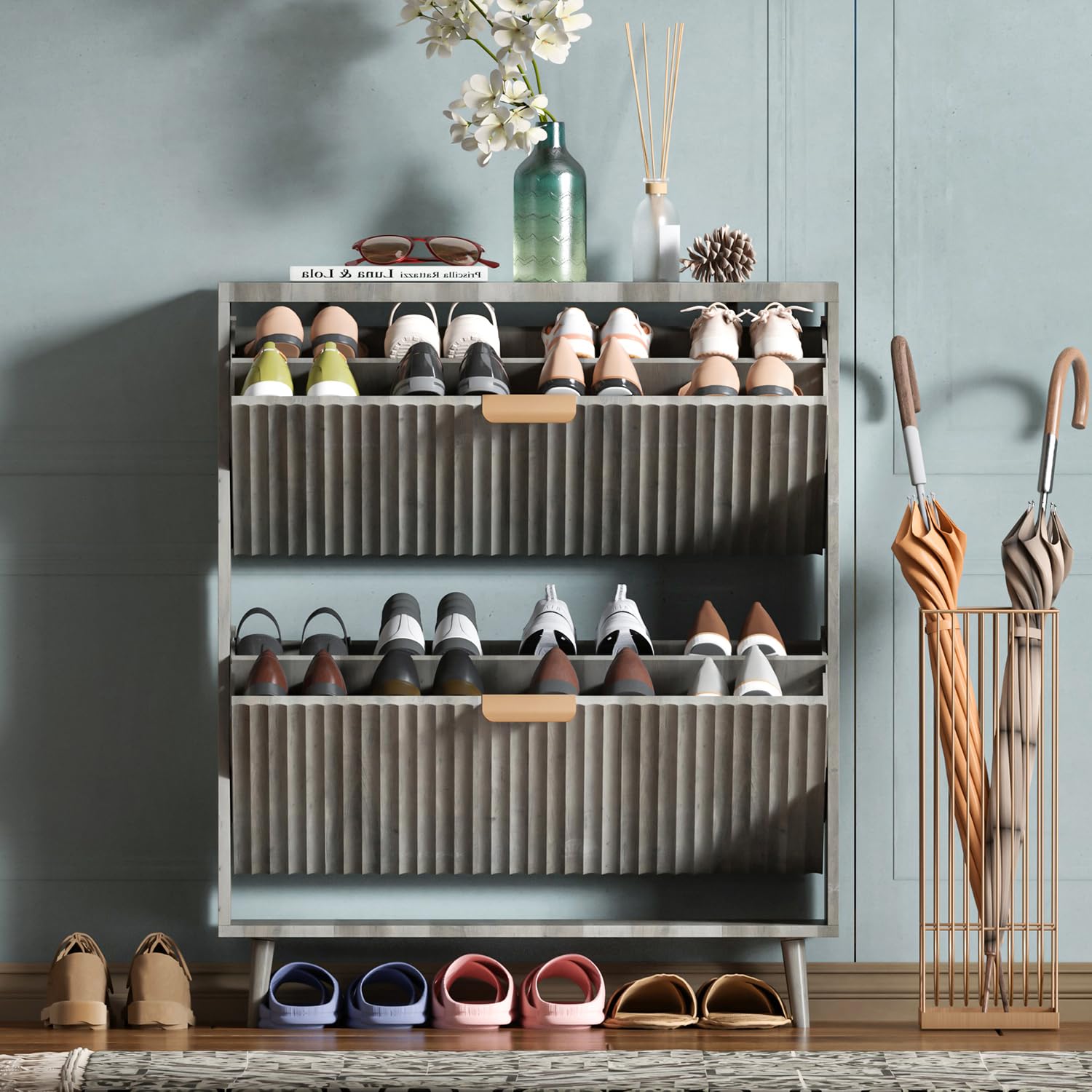 Shoe Cabinet Storage, Modern Freestanding Organizer with 2 Flip Drawers, Narrow Shoe Rack for Entryway, Walnut