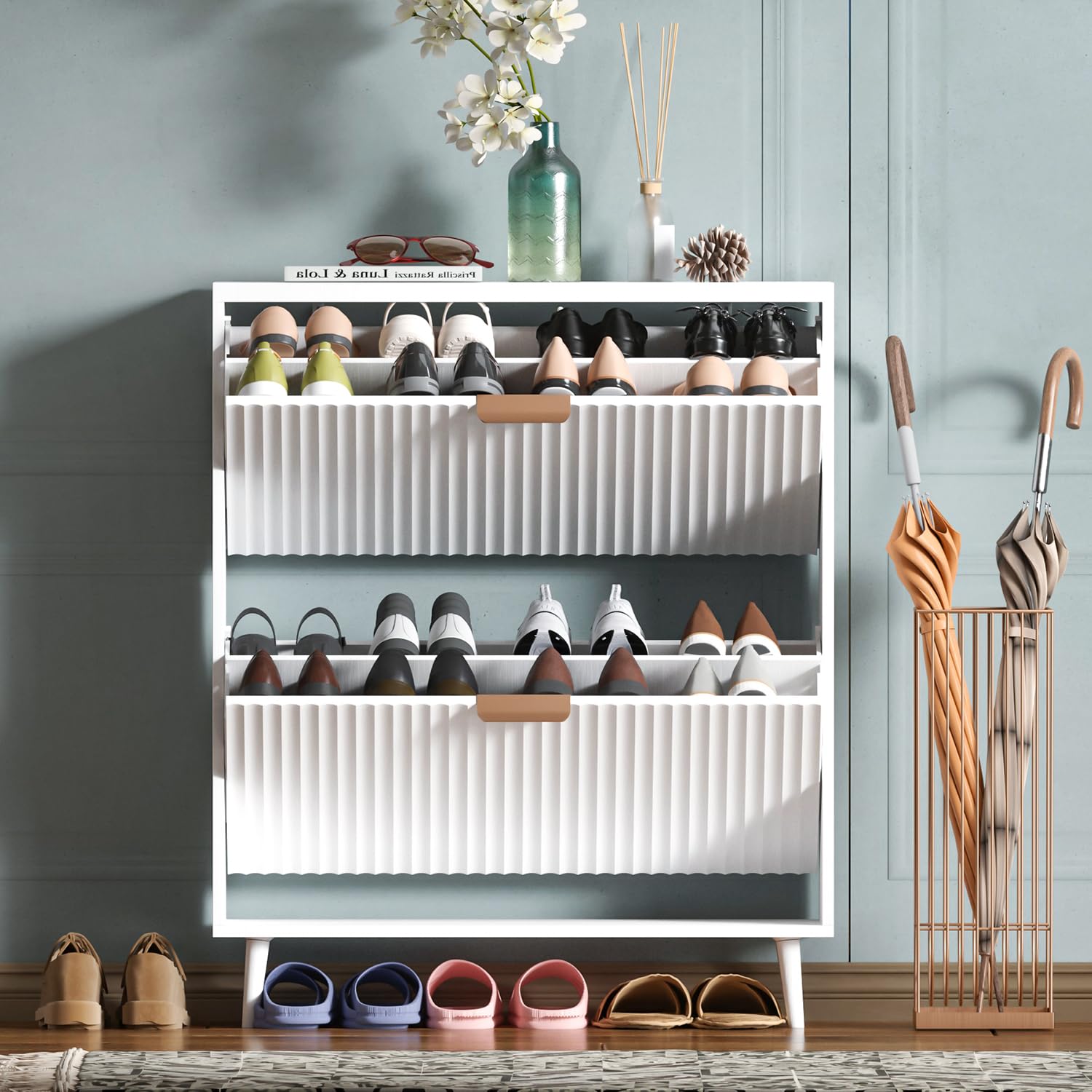 Shoe Cabinet Storage, Modern Freestanding Organizer with 2 Flip Drawers, Narrow Shoe Rack for Entryway, Walnut