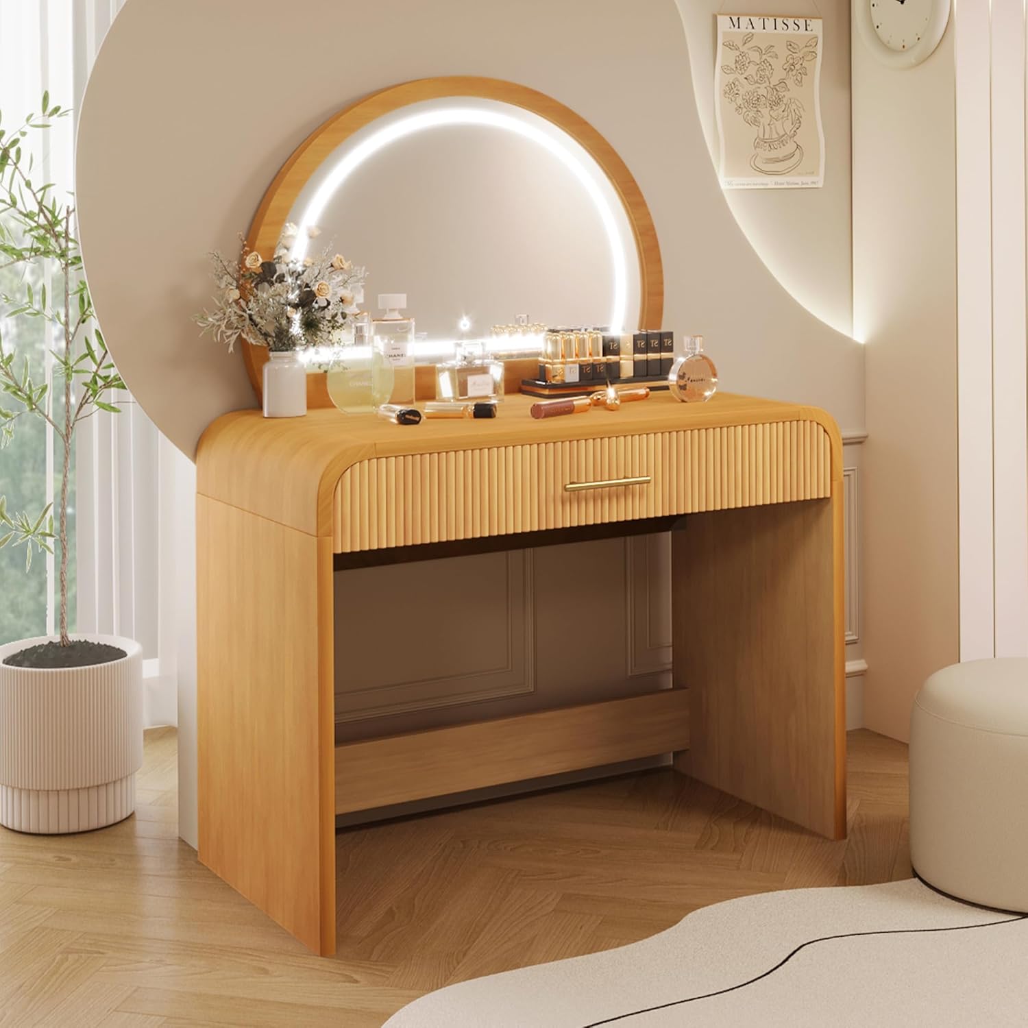Virubi 39" Minimalist Makeup Vanity Table with Semicircle Mirror, Wood Modern Dressing Table with Touch Screen Lighted Mirror & Storage Drawer & Curved Edges for Bedroom (Natural)