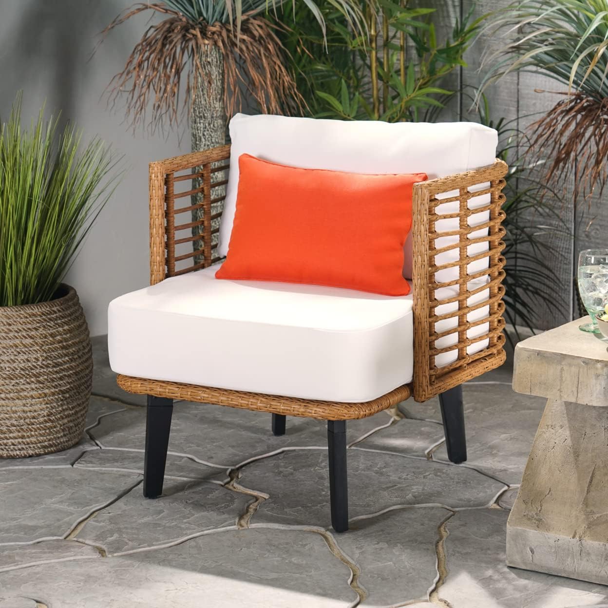 Nic Outdoor Club Chair with Water Resistant Cushion - Wicker - Light Brown/White