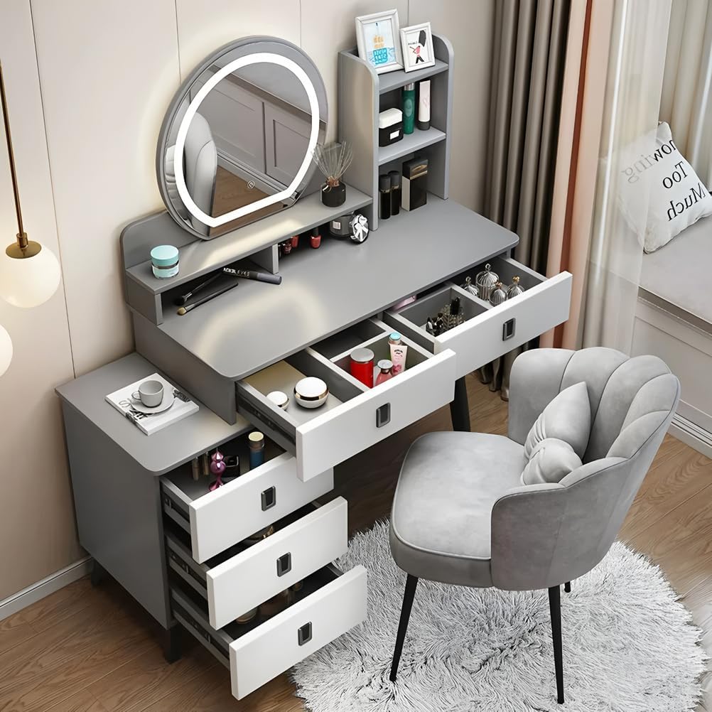 Dressing Table & Modern Minimalist Makeup Vanity Desk with LED Mirror - Solid Wood Storage Set w/Matching Chair,White,100cm/39.37in (Grey 100cm/39.37")