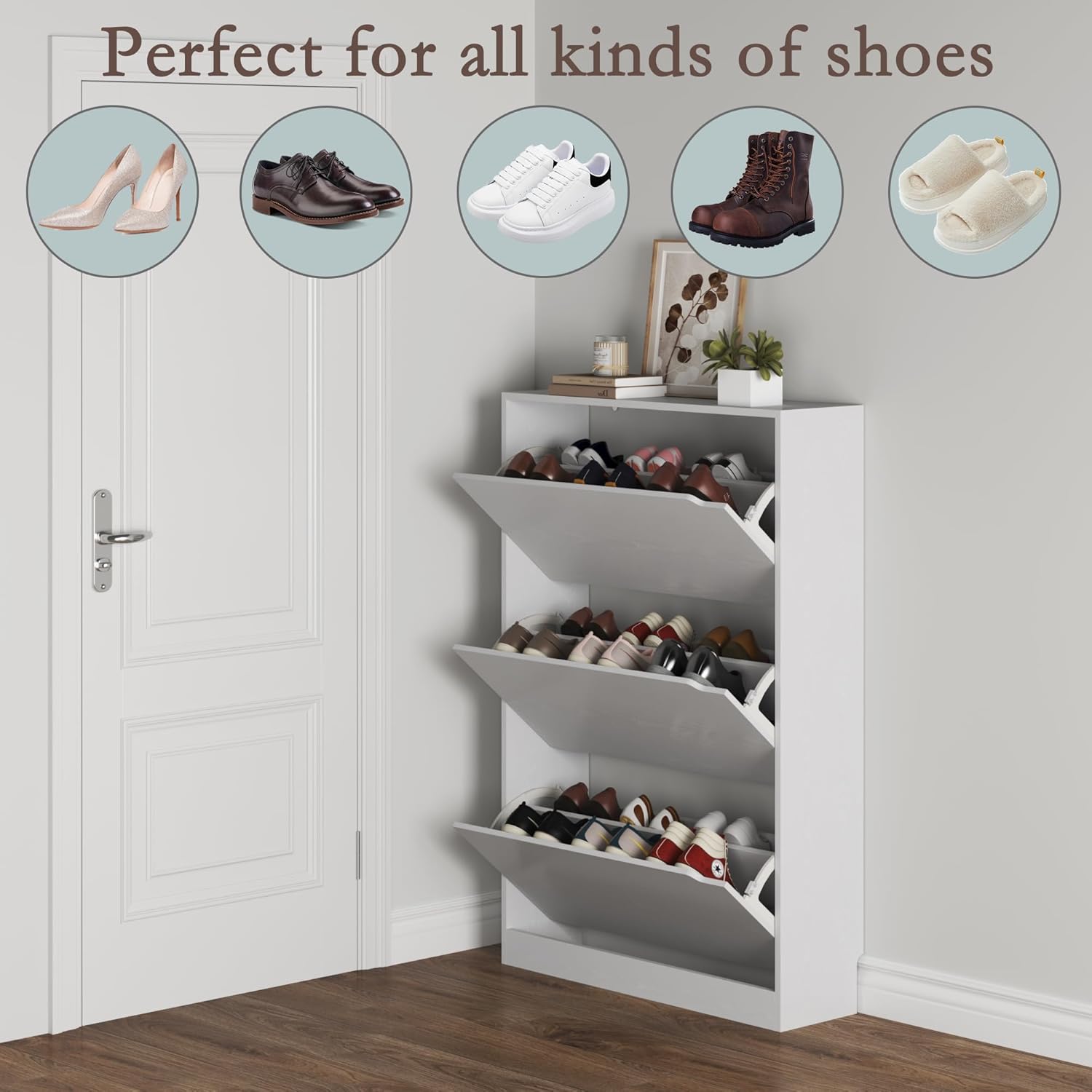 BORNOON Shoe Cabinet with 3 Flip Drawers, Hidden Wood Shoe Cabinet,Freestanding Shoe Storage Cabinet for Entryway Hallway.White. 47.2" H*31.5" W*9.45" D.