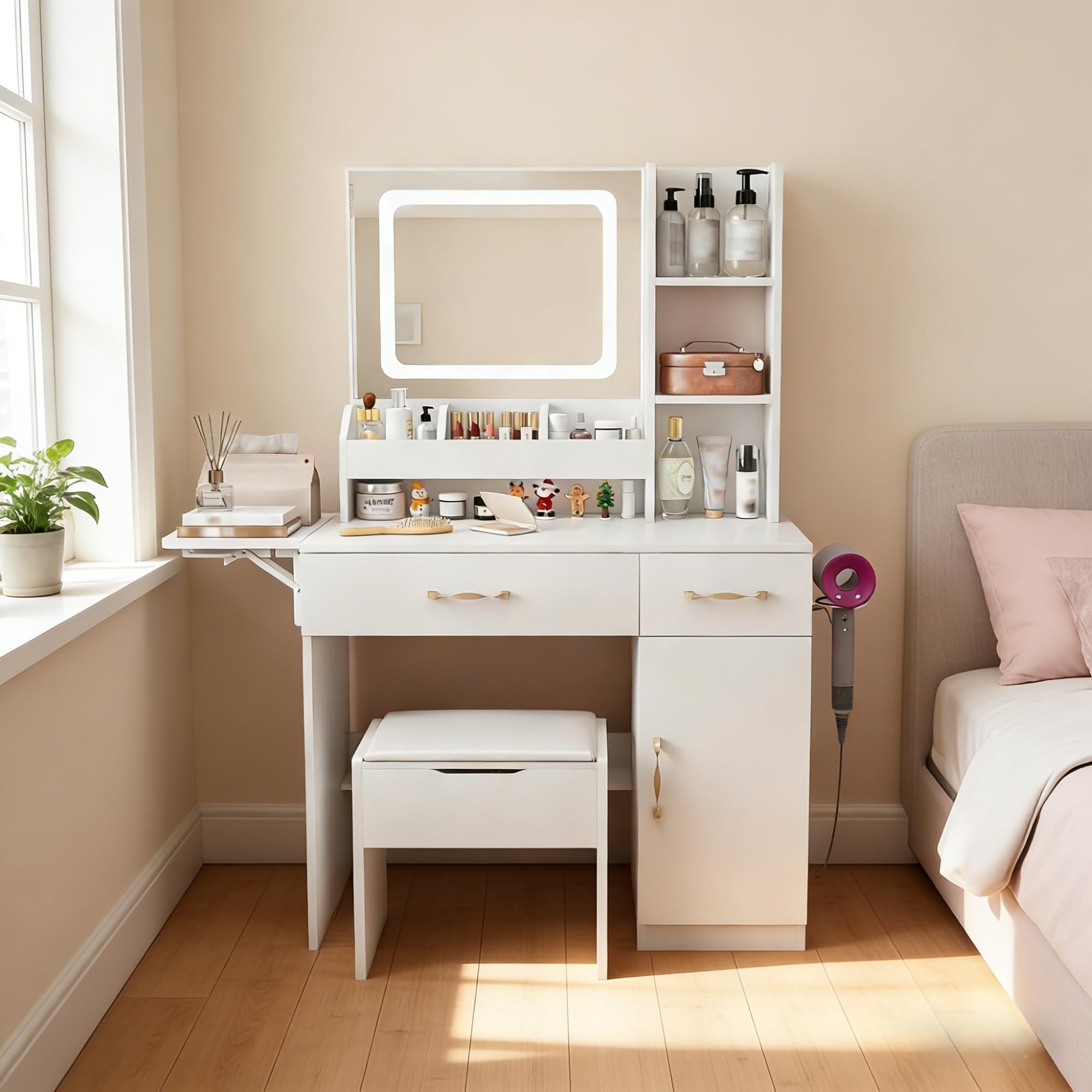 39" Modern Makeup Vanity Desk with Tempered Glass Top & LED Round Mirror, Adjustable Black and White Dressing Table with Reversible 3-Drawer Cabinet, Extendable Vanity Set for Small Bedroom