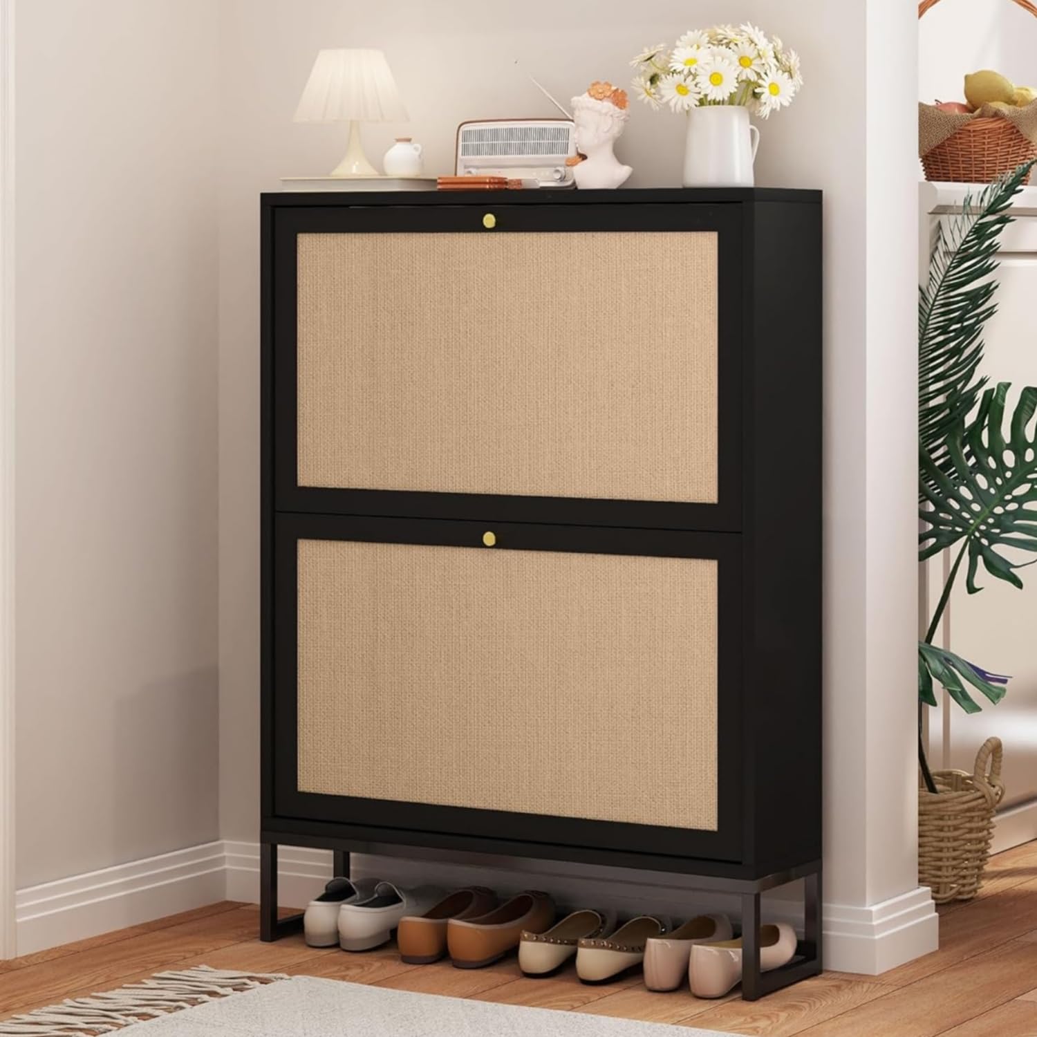 AVZEAR Narrow Shoe Storage Cabinet for Entryway with 2 Flip Drawers, Freestanding Shoe Cabinet with Natural Linen Panel, Slim Wood Shoe Organizer Closed Shoe Rack for Hallway, Foyer, Natural