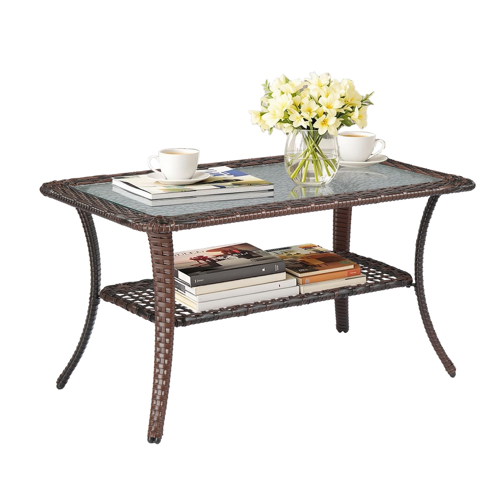 VINGLI Outdoor Coffee Table with Storage Wicker Patio Coffee Table, Tempered Glass Top Coffee Table for Patio Outside Balcony Porch Deck (Brown)