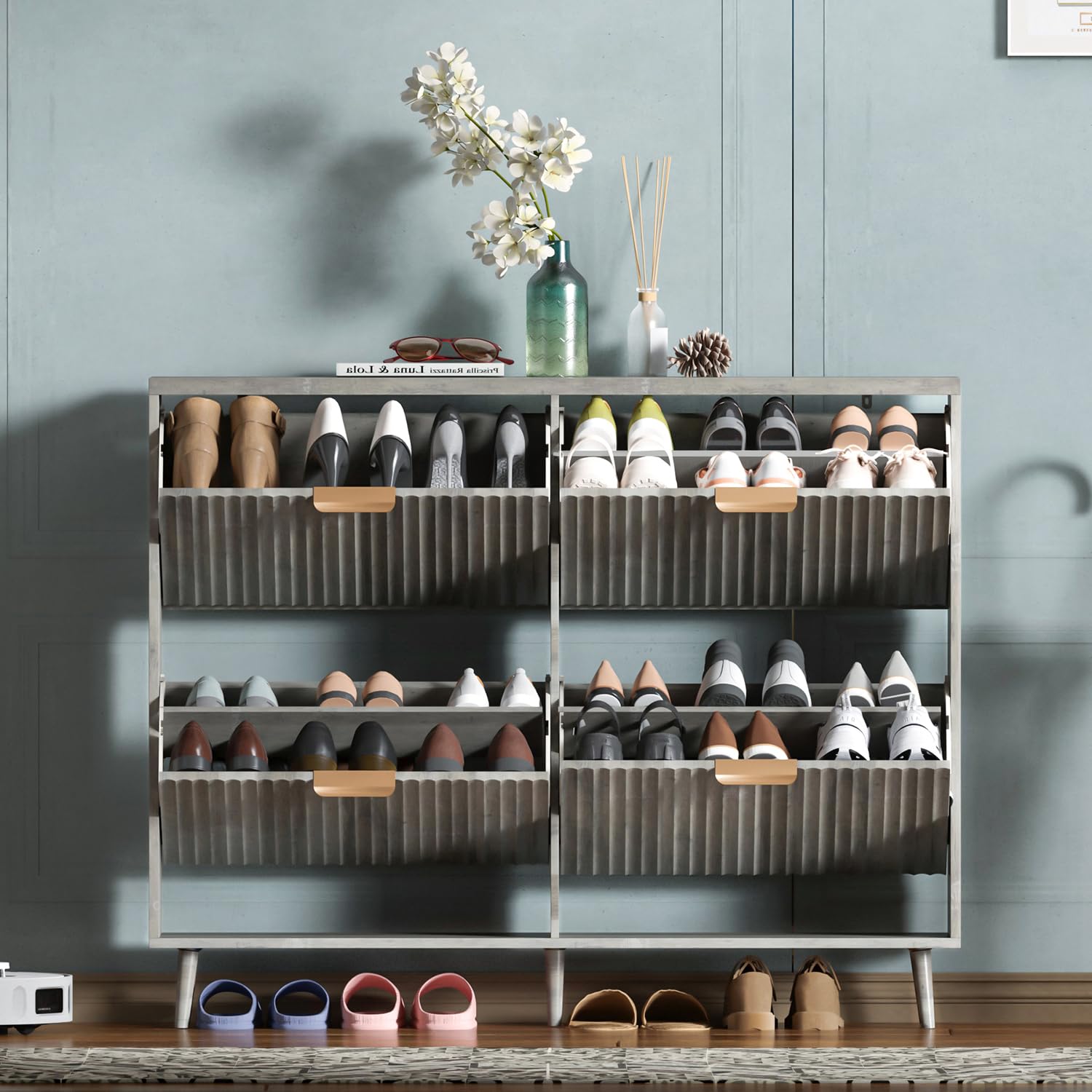 Shoe Cabinet Storage, Modern Freestanding Organizer with 2 Flip Drawers, Narrow Shoe Rack for Entryway, Walnut