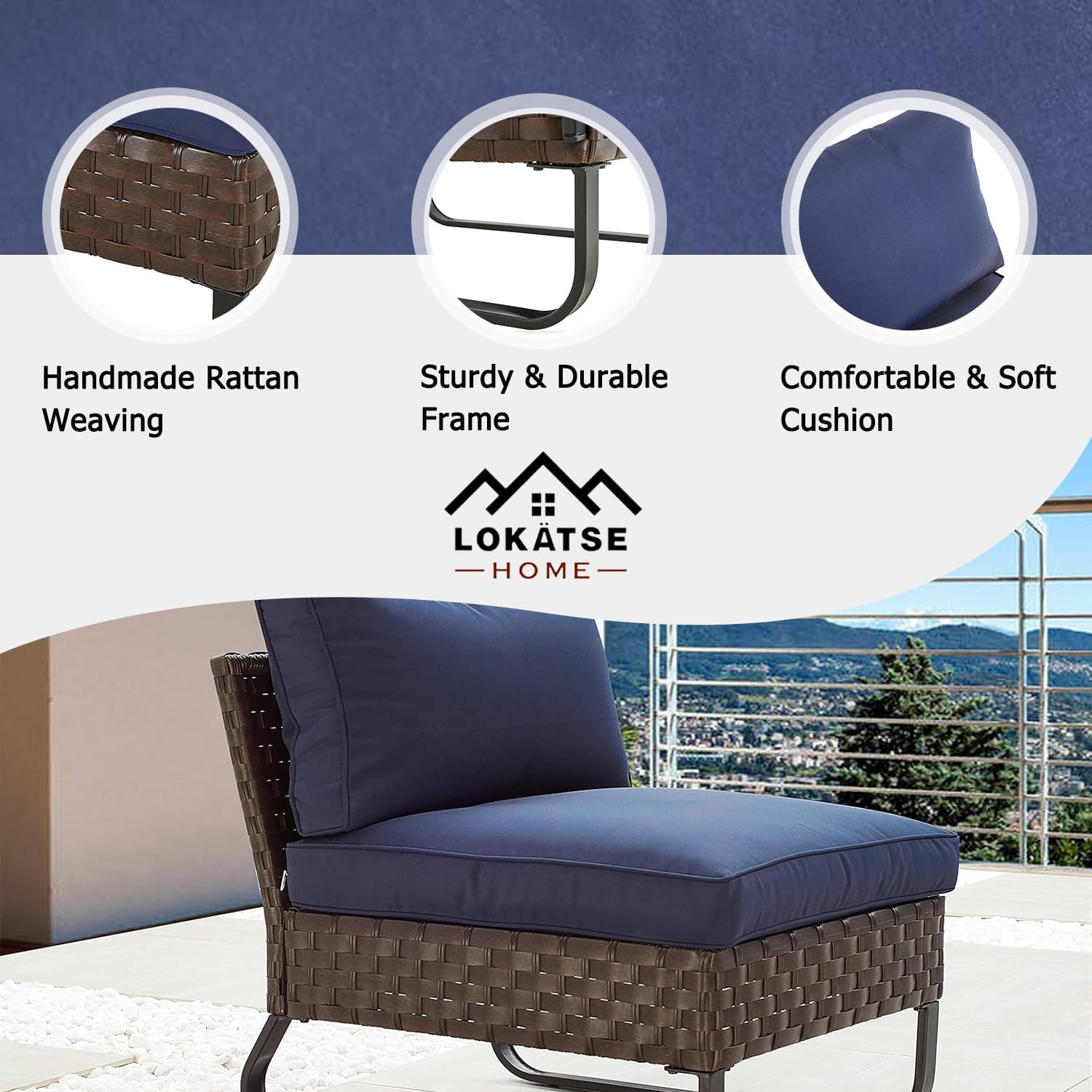 LOKATSE HOME Outdoor Rattan Furniture Patio Conversation Sofa Metal Frame Wicker Armless Single Chair with Cushion