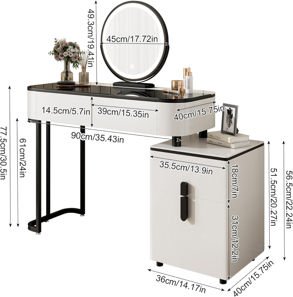 39" Modern Makeup Vanity Desk with Tempered Glass Top & LED Round Mirror, Adjustable Black and White Dressing Table with Reversible 3-Drawer Cabinet, Extendable Vanity Set for Small Bedroom