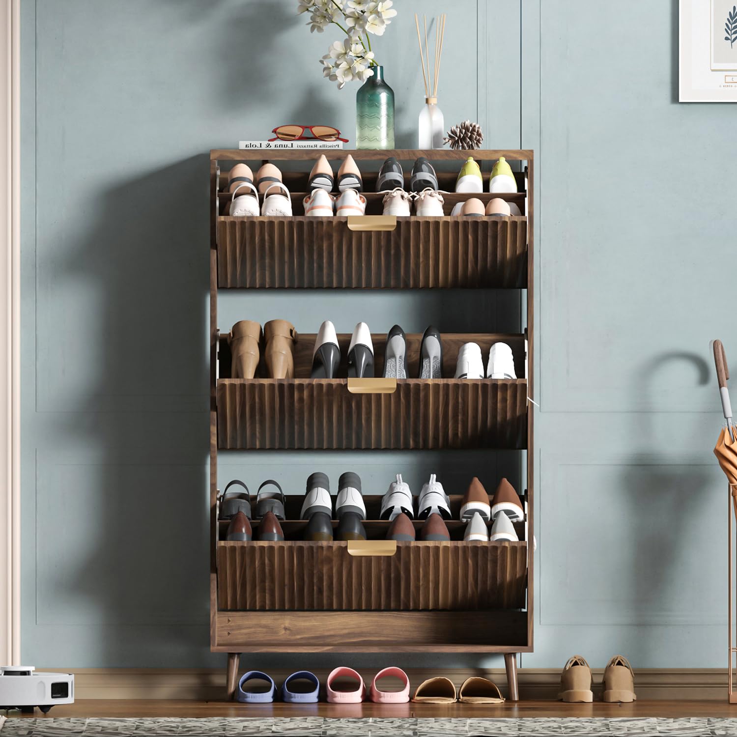 Shoe Cabinet Storage, Modern Freestanding Organizer with 2 Flip Drawers, Narrow Shoe Rack for Entryway, Walnut