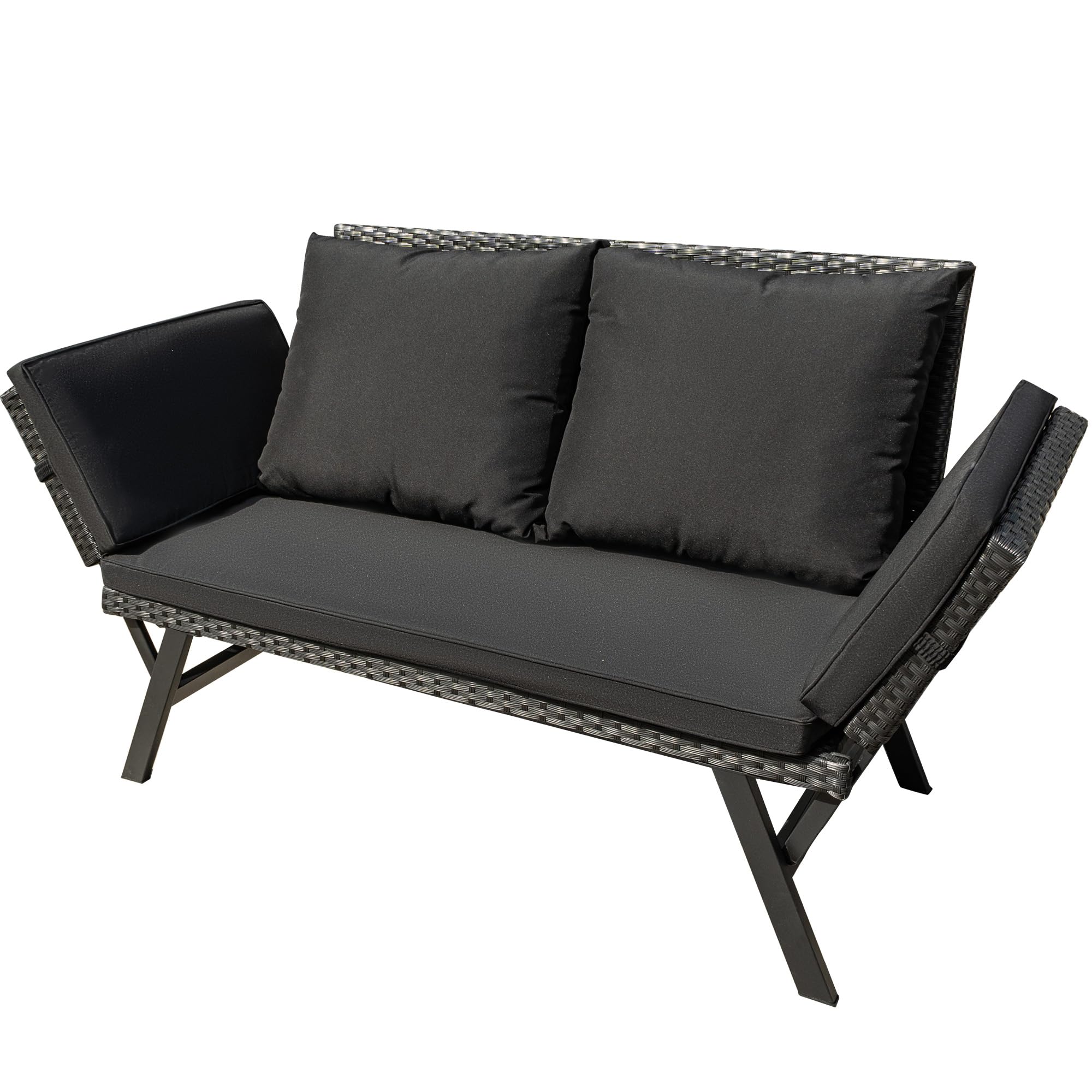 Greesum Outdoor Sofa, Woven Rattan Patio Furniture, Convertible Daybed or Double Chair with Adjustable Armrests, Cushions and Pillows for Yard, Porch, Pool, Brown Lounger & Beige Pillowcase