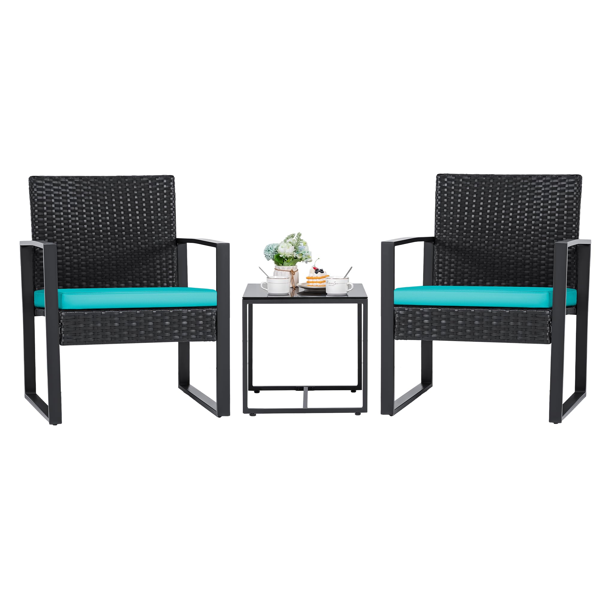 Flamaker 3 Pieces Outdoor Patio Wicker Furniture Set, Modern Rattan Chair Conversation Sets with Coffee Table for Yard and Bistro (Black)