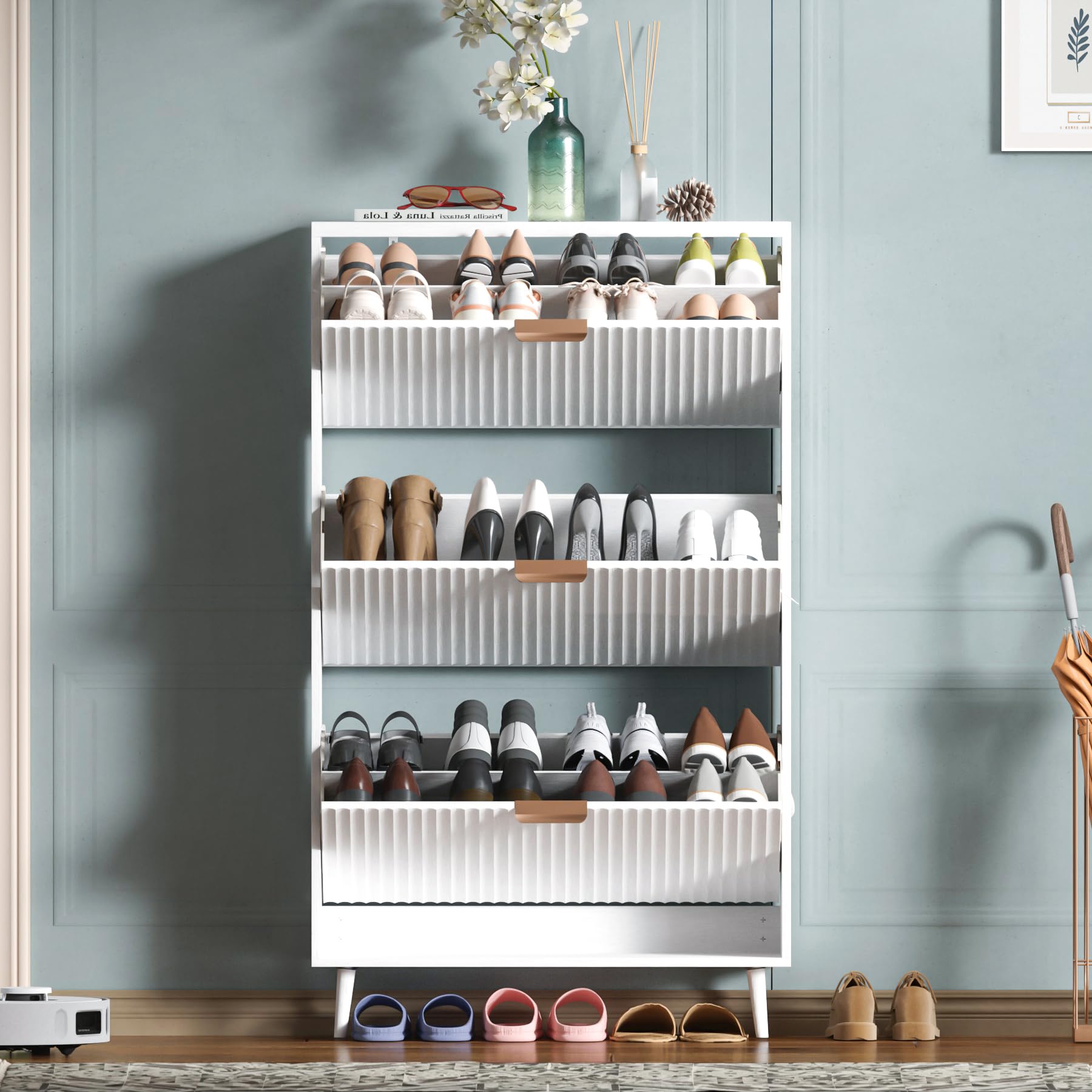 Shoe Cabinet Storage, Modern Freestanding Organizer with 2 Flip Drawers, Narrow Shoe Rack for Entryway, Walnut