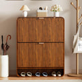 Narrow Shoe Cabinet with 2 Flip Drawers, Fluted Shoe Storage Cabinet for Entryway, Slim Hidden Shoe Rack Organizer for Hallway, Entrance, Foyer, Freestanding, Walnut